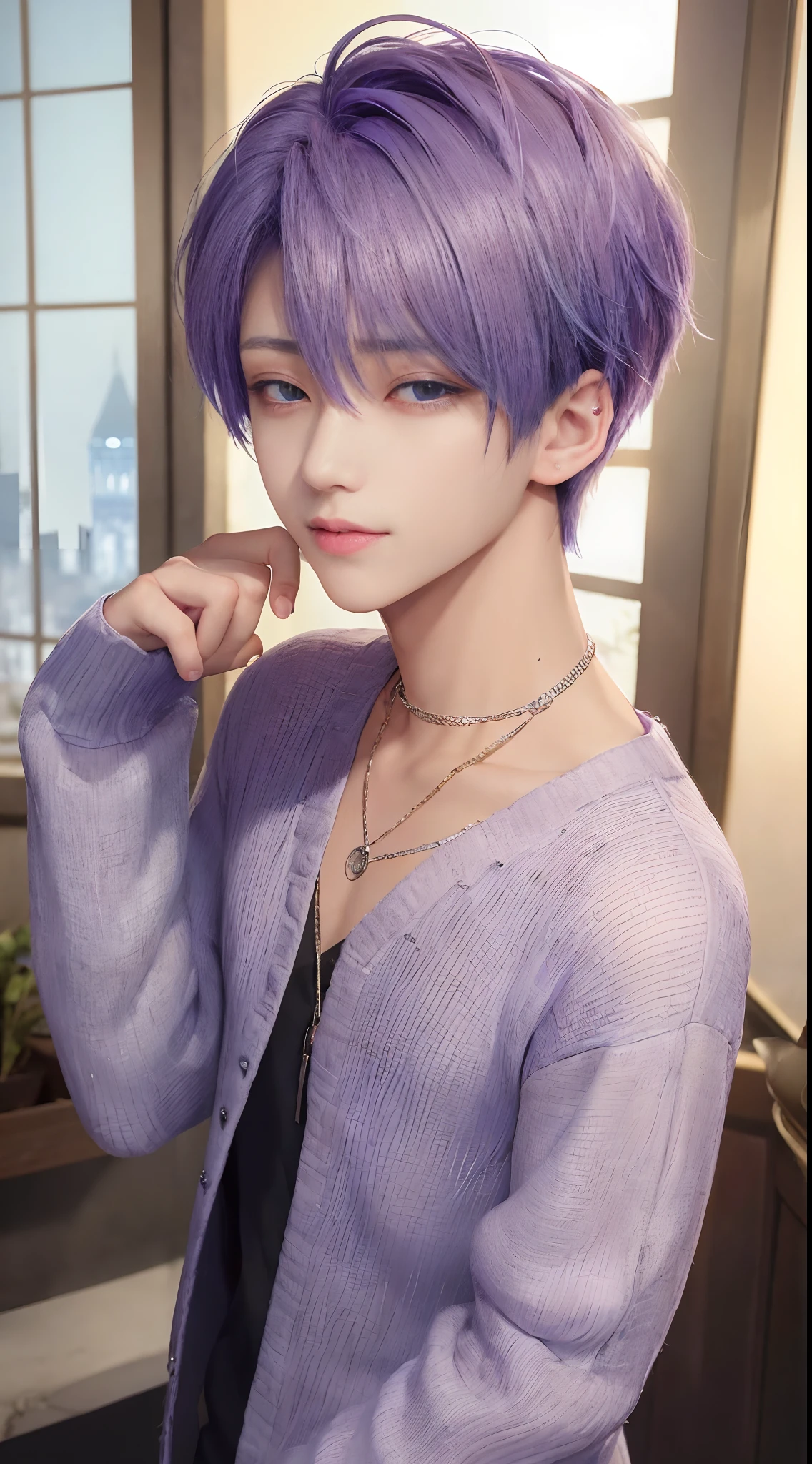 masterpiece, top-quality, 2Others, Male couple, 1 man and 1,, Adults, Height difference, different fashion, different color, finely eye and detailed face, intricate detailes, Casual clothing, window, A smile, Happiness, tenderness, queers, Boys Love, high-level image quality、 selfee, Two beautiful men、tall、The upper part of the body、nightfall、nighttime scene、𝓡𝓸𝓶𝓪𝓷𝓽𝓲𝓬、Korean Male, Idol Photos, k pop, Professional Photos, Vampires, Korean fashion in black and white, Fedoman with necklace, inspired by Sim Sa-jeong, androgynous vampire, :9 detailed face: 8, extra detailed face, detailed punk hair, ((eyes are brown)) baggy eyes, Seductive. Highly detailed, semi realistic anime, Vampires, hyperrealistic teen, delicate androgynous prince, imvu, short hair above the ears, Man with short hair, With a purple-haired man with a wild expression, Man with light blue hair with gentle expression, ((With a short-haired man with bright purple hair)), ((Man with light blue hair))