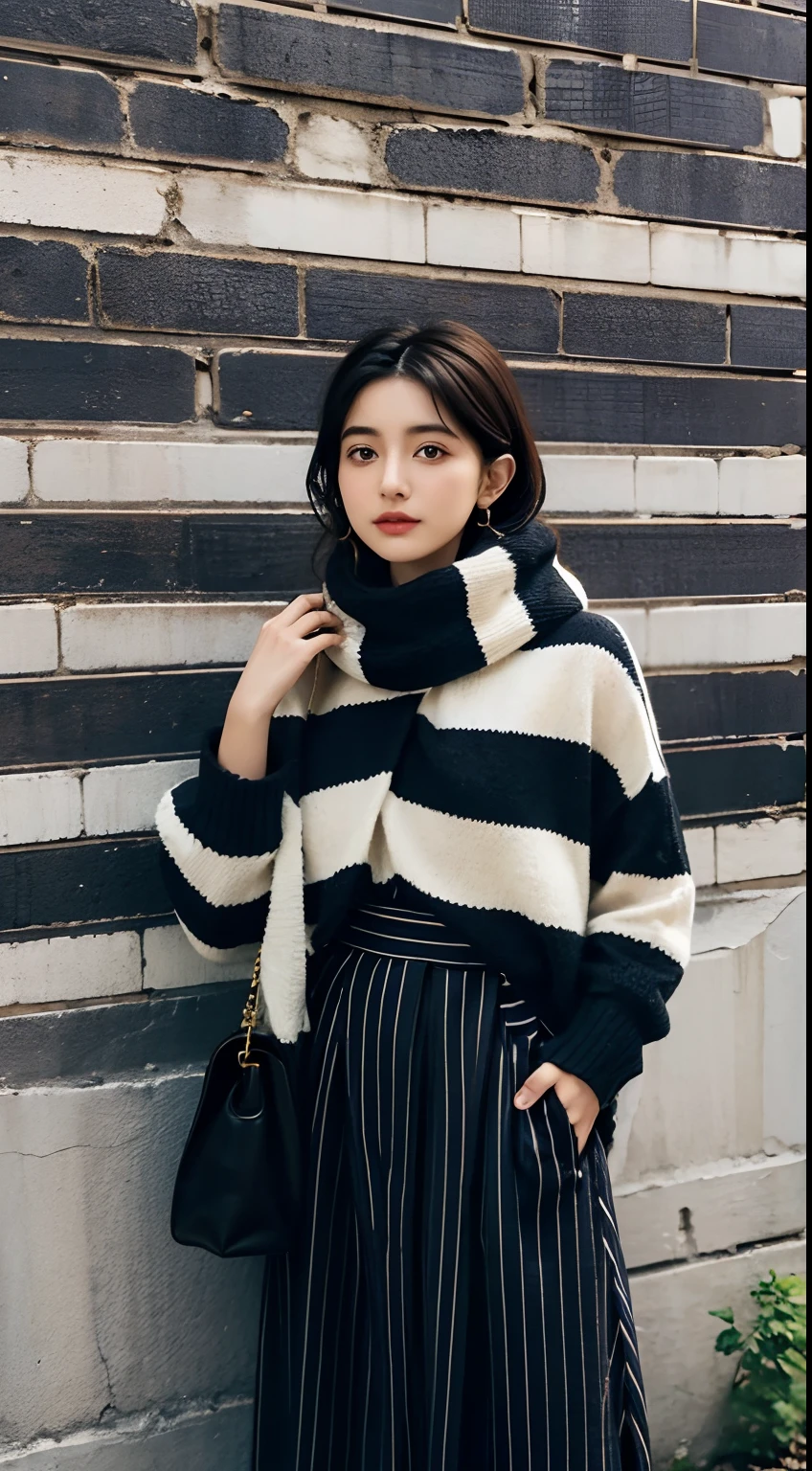 arafed woman in a striped sweater and a scarf standing against a wall, wearing stripe shirt, inspired by Fathi Hassan, inspired by Naza, inspired by Nazmi Ziya Guran, inspired by Ni Yuanlu, inspired by Mym Tuma, inspired by JoWOnder, inspired by Sarper Baran, inspired by Shaddy Safadi