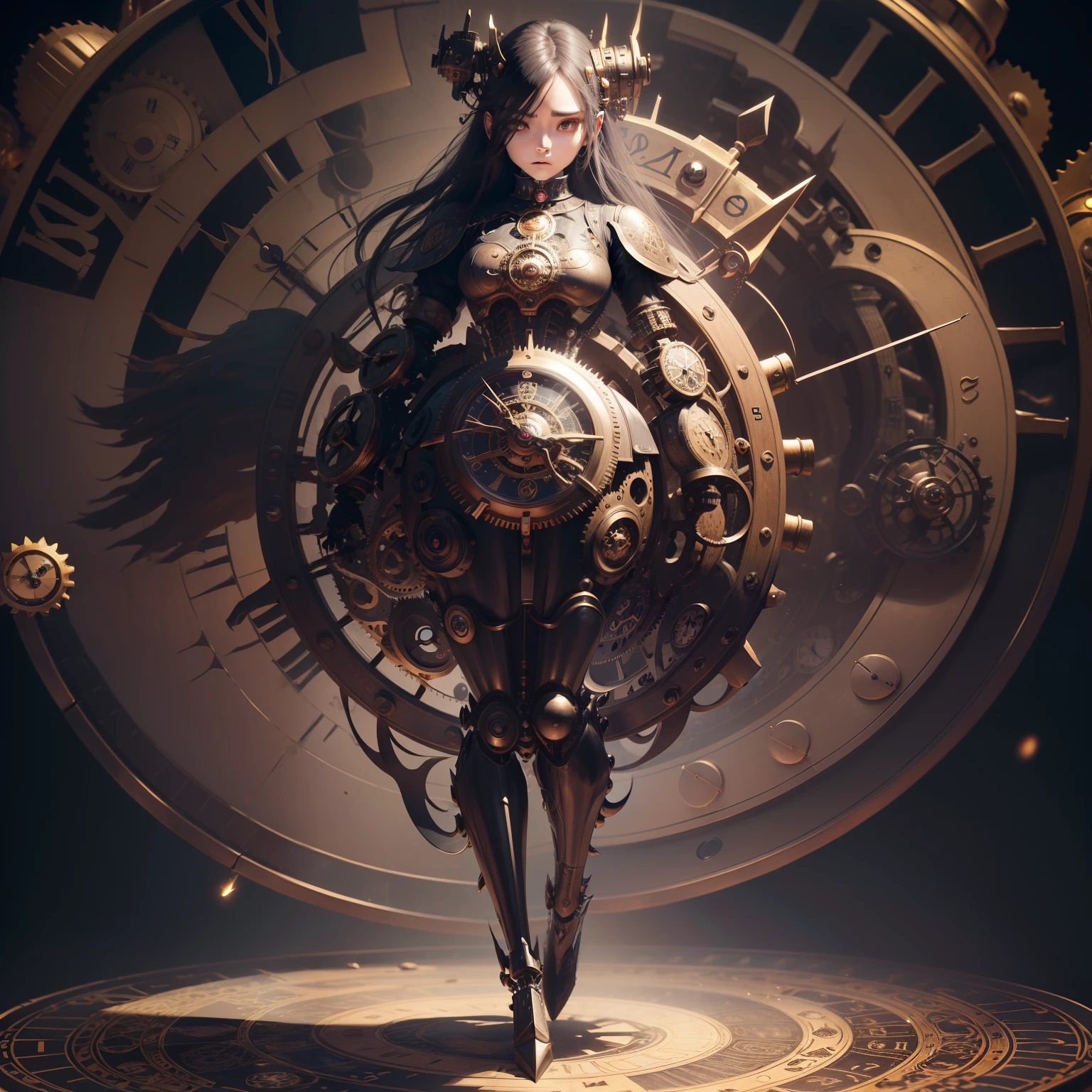 It depicts a clock monster that manipulates time and space、A monster that combines creepiness and beauty、Clock personification、(Mechanical body with a clock motif:1.5)、Female humanoid、Cold、Atrocious、brutality、A large watch is embedded in the chest、A magic circle like a clock、(Full body:1.6)