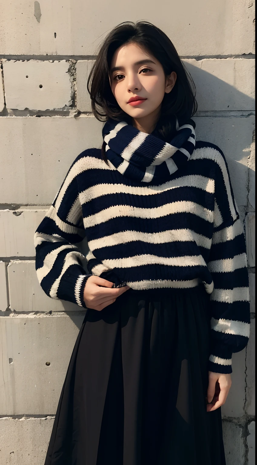 arafed woman in a striped sweater and a scarf standing against a wall, wearing stripe shirt, inspired by Fathi Hassan, inspired by Naza, inspired by Nazmi Ziya Guran, inspired by Ni Yuanlu, inspired by Mym Tuma, inspired by JoWOnder, inspired by Sarper Baran, inspired by Shaddy Safadi