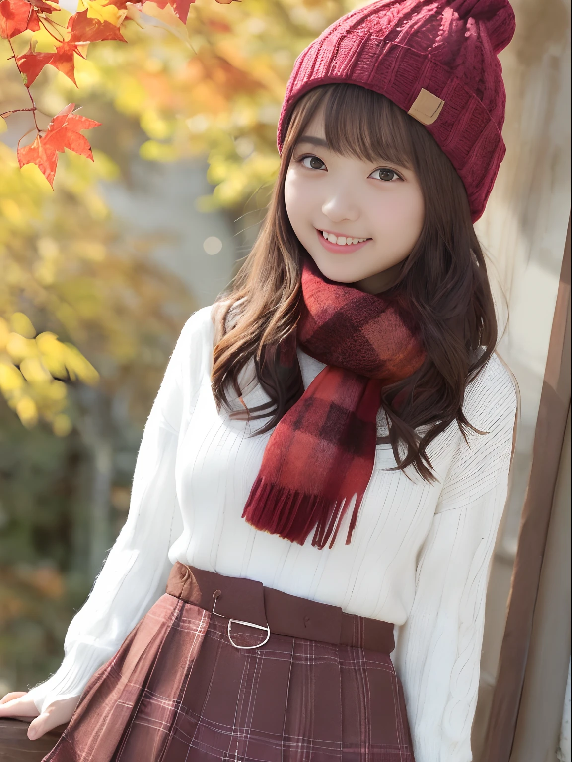 1girl in, (\:d:1.0) Colored leaves, bangss, Black hat, blurry backround, red blush, brown-eyed, brown haired, Brown scarf, Brown skirt, cardigan, coffee, cowboy  shot, cups, Disposable cups, drink, leaves falling, Beanie, cuddling, drink, fronds, length hair, long-sleeve, toView, Open cardigan, Open mouth, Plaid skirt, puffy long sleeves, Red sweater, scarf, The shirt, Tucking your shirt in, side locks, skirt by the, a smile, 独奏, Sweaters, white  shirt, ighly detailed, Convoluted, ​masterpiece, absurderes、Happy smile、realisitic、Live Action