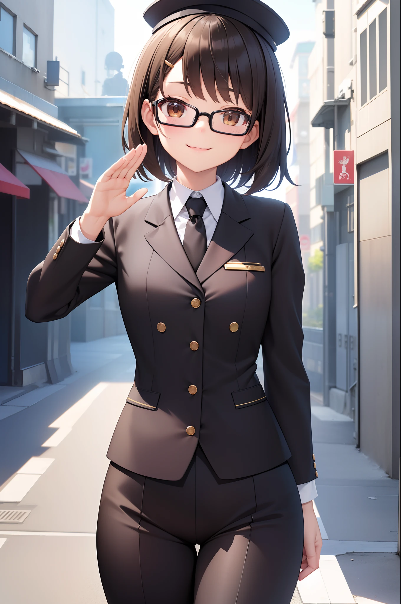 (masutepiece, Best Quality, Capture super cute moments, depth of fields, ultra-detailliert, Ultra High Resolution, C4D, Octadale, 3D Modeling, 8K, 16 K, one girls、a junior high school student、A dark-haired、short-hair、straight haired、Light brown eyes,hair adornments、wearing black glasses、A smile)、Self-Defense Force Uniform、hatting、pant suit、A commanding、Salute pose with left hand