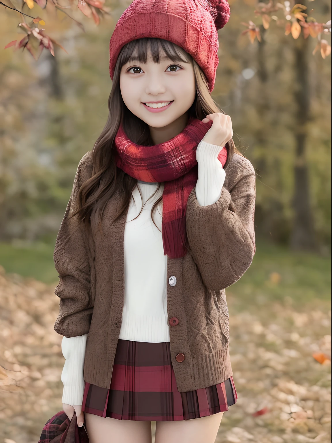 1girl in, (\:d:1.0) Colored leaves, bangss, Black hat, blurry backround, red blush, brown-eyed, brown haired, Brown scarf, Brown skirt, cardigan, coffee, cowboy  shot, cups, Disposable cups, drink, leaves falling, Beanie, cuddling, drink, fronds, length hair, long-sleeve, toView, Open cardigan, Open mouth, Plaid skirt, puffy long sleeves, Red sweater, scarf, The shirt, Tucking your shirt in, side locks, skirt by the, a smile, 独奏, Sweaters, white  shirt, ighly detailed, Convoluted, ​masterpiece, absurderes、Happy smile、realisitic、Live Action