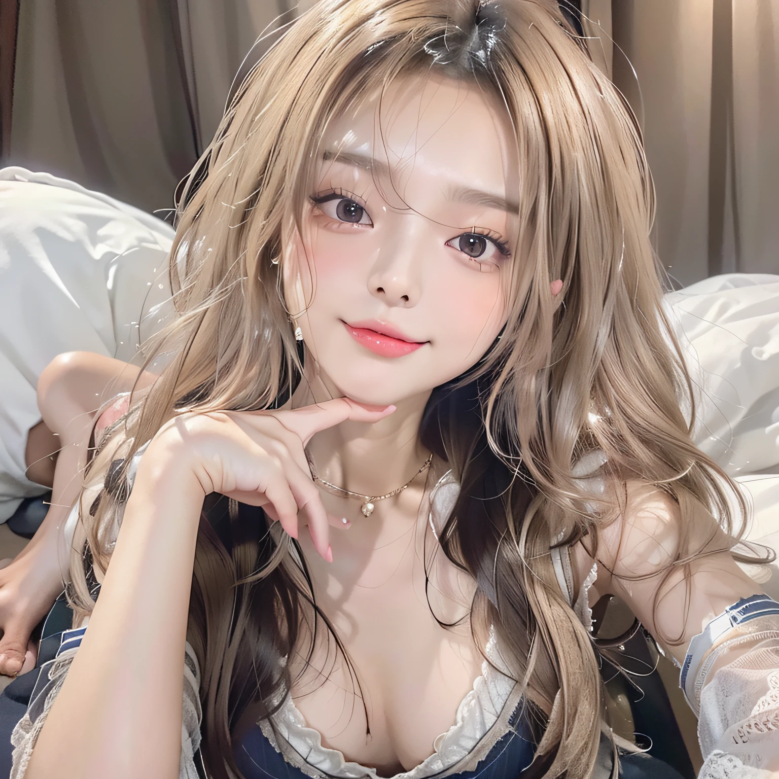 (((1girl , 1penis、23years old、Height 1.7 m、delicated face、Detailed face、Beautiful Japan model、Slender body:1.2、(((round and short face、a small face)))、Hazel's Realistic Eyes、((drooing eyes:1.2 )), Real and sexy thick lips:1.3、real looking skin、Perfect Style、((Smaller chest:1.2))、thin waist:1.2、Small butt:1.4、Thin leg:1.2、long legged:1.1)))、long-haired of beautiful bronze color,,,,,,、bangss、Eyebrows of the same color as the hair、ssmile、cheeks are flushed:1.5、Looking at Viewer, (of the highest quality、in 8K、Photorealsitic:1.4、Raw photography、超A high resolution:1.4、Top image quality: 1.4、absurderes, ​master piece, Ultra-detailed、A hyper-realistic)、An ultra - realstic face、high detailing、the golden ratio、Cinematic、Super beautiful detailed face, Pencil_Dress, White Sheer Blouse Shirt, Beige silk camisole, (Wide Open Blouse Shirt:1.25), Parted lips, Happy smile, lie down the beds、all fours, tongue out, licking penis, Dark blue pinstripe pencil skirt、Beige Sandals High Heels、white_Shirt、white bla、Black Thong, Spread legs, Fiddling with pussy with your left hand、Wet the inside thighs, pussy juice、Ecstacy face, Orgasm Face, Ecstatic look、Flushed face、A face that puts up with something