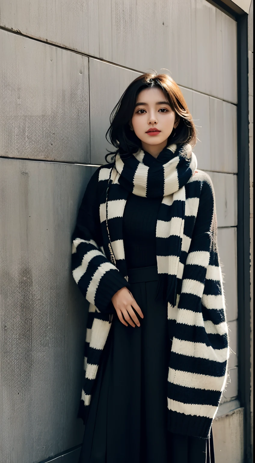 arafed woman in a striped sweater and a scarf standing against a wall, wearing stripe shirt, inspired by Fathi Hassan, inspired by Naza, inspired by Nazmi Ziya Guran, inspired by Ni Yuanlu, inspired by Mym Tuma, inspired by JoWOnder, inspired by Sarper Baran, inspired by Shaddy Safadi