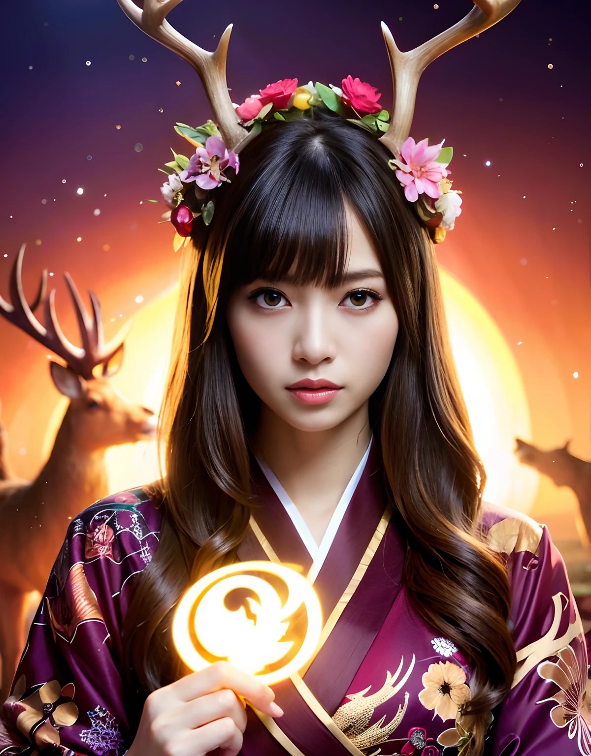 ((World of Darkness)),Professional , masterpiece、top-quality、photos realistic , depth of fields 、(Maiko's hairstyle)、(Maple background in full bloom),(Ultimate Beauty)、Red-haired、(Fight ninjas)、(Kimono with beautiful pattern)、(Night background)、((a dark night)),(Wear a beautiful kimono),(Wear a beautiful kimono with colorful floral patterns)、Jewel Gold Weapon、Particles of light),(Has a devil's mask)、Gorgeous gold weapons ,(( Gorgeous weapon Dragon Sword)) , (a dark night),,(maikurobikini) 、((Black Haired Beautiful Girl))、(Castle background)、(demonic wings)、((Gangle's forest background))、Beautiful Caucasian beauty、1a person、dynamic ungle,(((Two deer antlers on the head)))、Smaller head、Idle Smile、Thin and beautiful female hands、Mystical expression、Light Effects、intense fighting、Wind-effect、magic circles、With the legendary magic wand、Dragon's tail、Anatomically correct body、