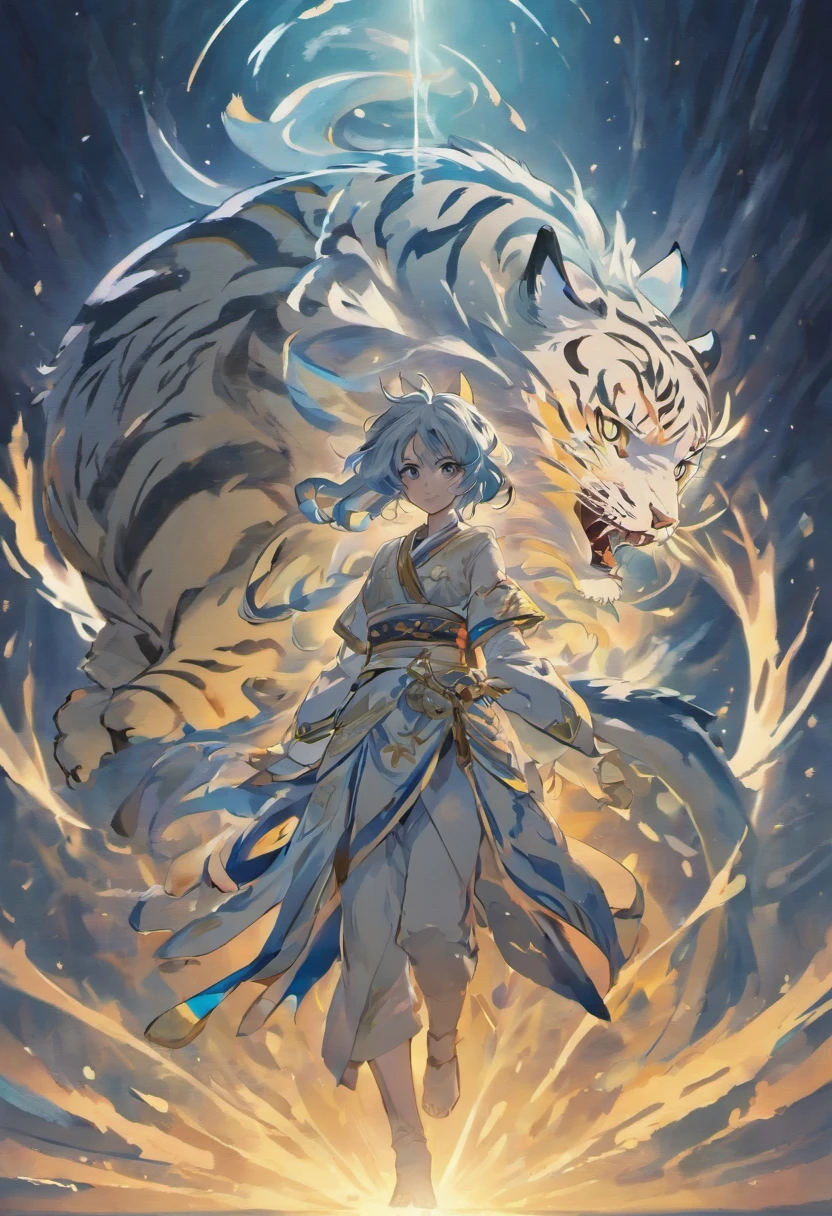 the white tiger,mythological beasts,Mountain and Sea Sutra,Handsome,monochrome,ethereal,painted effect,strong contrast,detail,expressive brushwork,vibrant colors,ambient lighting,striking composition,sharp focus,impressive scale,imposing presence,transcendent power,twilight shading,ominous atmosphere,dynamic energy,awe-inspiring,ferocious yet graceful,tension between tranquility and power,sublime beauty,majestic aura,embodying ancient wisdom,mythical guardian,twists of fate,starry night sky,mystical allure,tiger's watchful eyes,prowess and majesty,wisps of clouds,serene and commanding