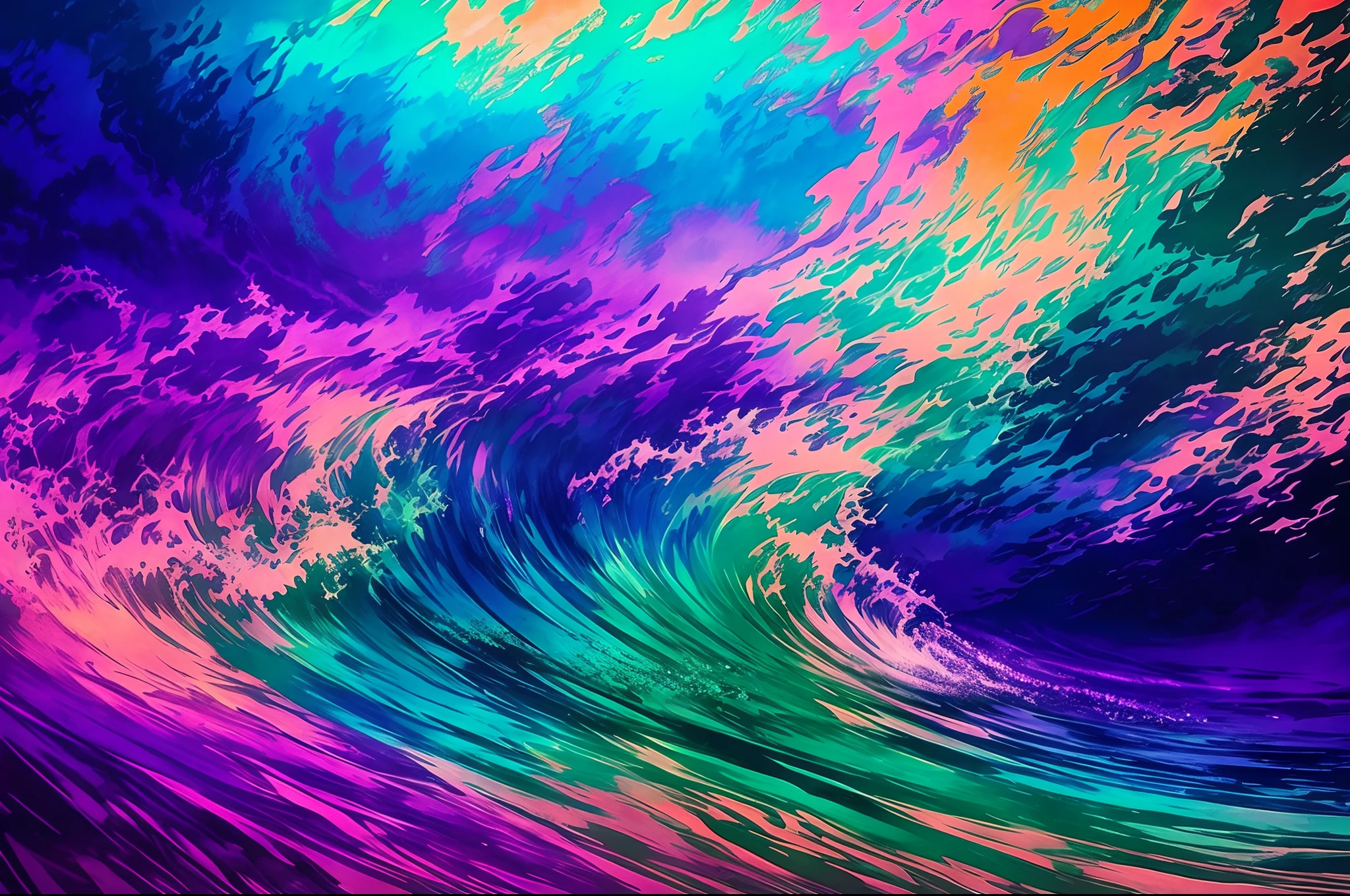 **cyberpunk, Picasso style, rainbow colors, water purple rain in sea waves, glowing water purple storm in ocean, sea waves, ocean waves, sea water purple, psychedelic water purple storm in Artur Rackham style