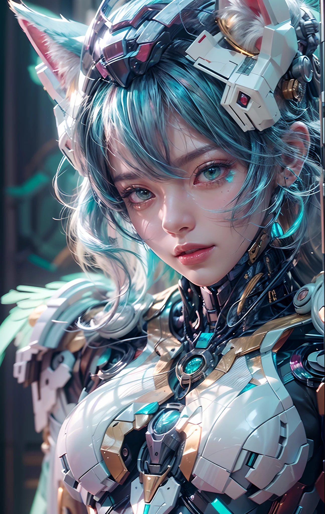 close up shot, cinematic shot,
a beautiful fox mecha girl, twin tail, cool, elegant, pink hair, blue mecha halo, green eyes, white mecha wings, detailed blue mecha suit, detailed mecha body, detailed accessories, hyper detailed mechanical industrial room background, suggestive pose,
((very strong light on face, cinematic lighting, volumetric lighting, iridescent lighting reflection, reflection, beautiful shading, head light, back light, natural light, ray tracing, symmetrical, ray tracing, post-processing, global illumination)),
hyper realistic, photo realistic, ultra-HD, 64k, HDR, masterpiece, professional artwork, professional character design