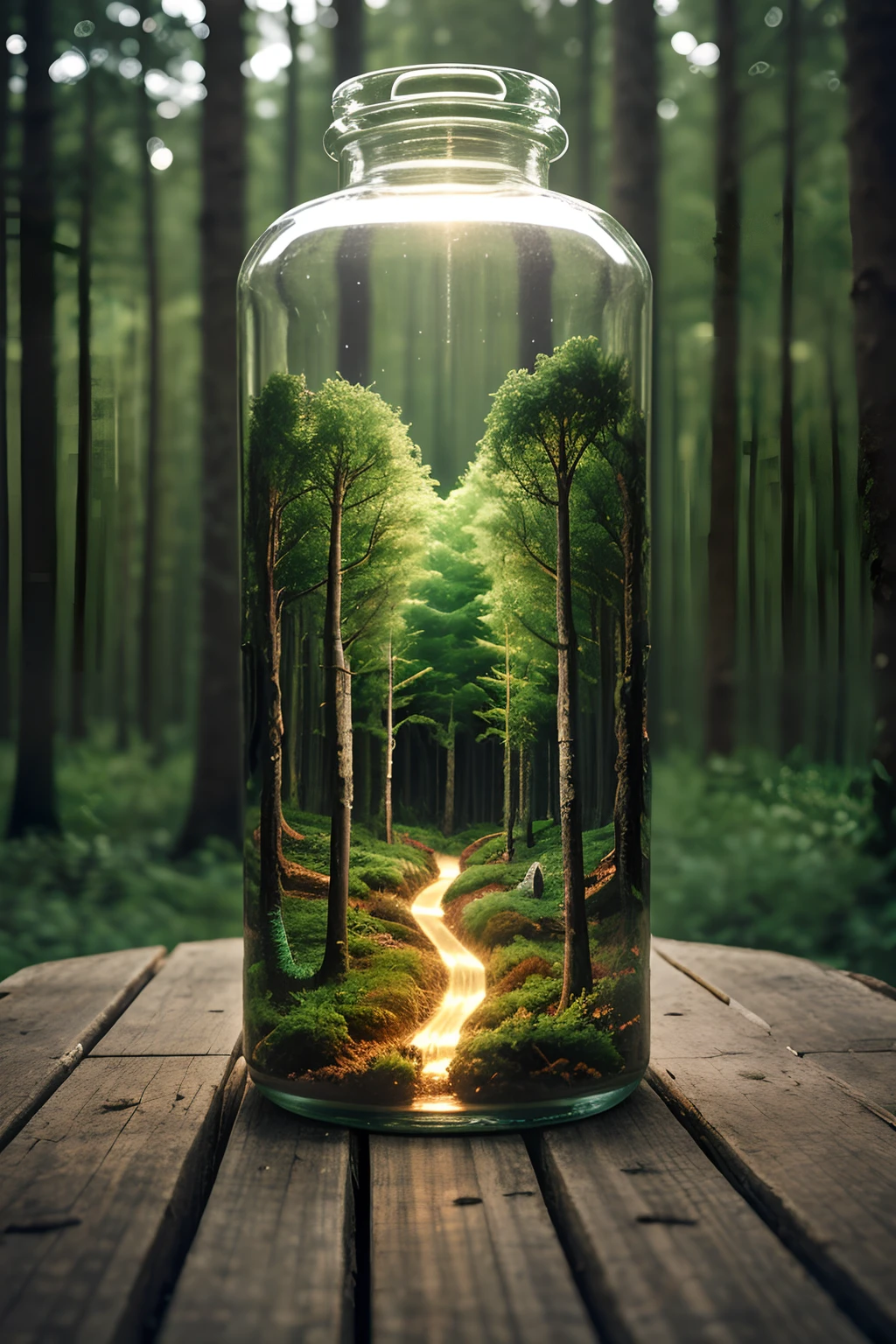 (An intricate forest minitown landscape trapped in a bottle), atmospheric oliva lighting, on the  table, 4k UHD, dark vibes, hyper detailed, vibrant colours forest background, epic composition, octane render, sharp focus, high resolution isometric