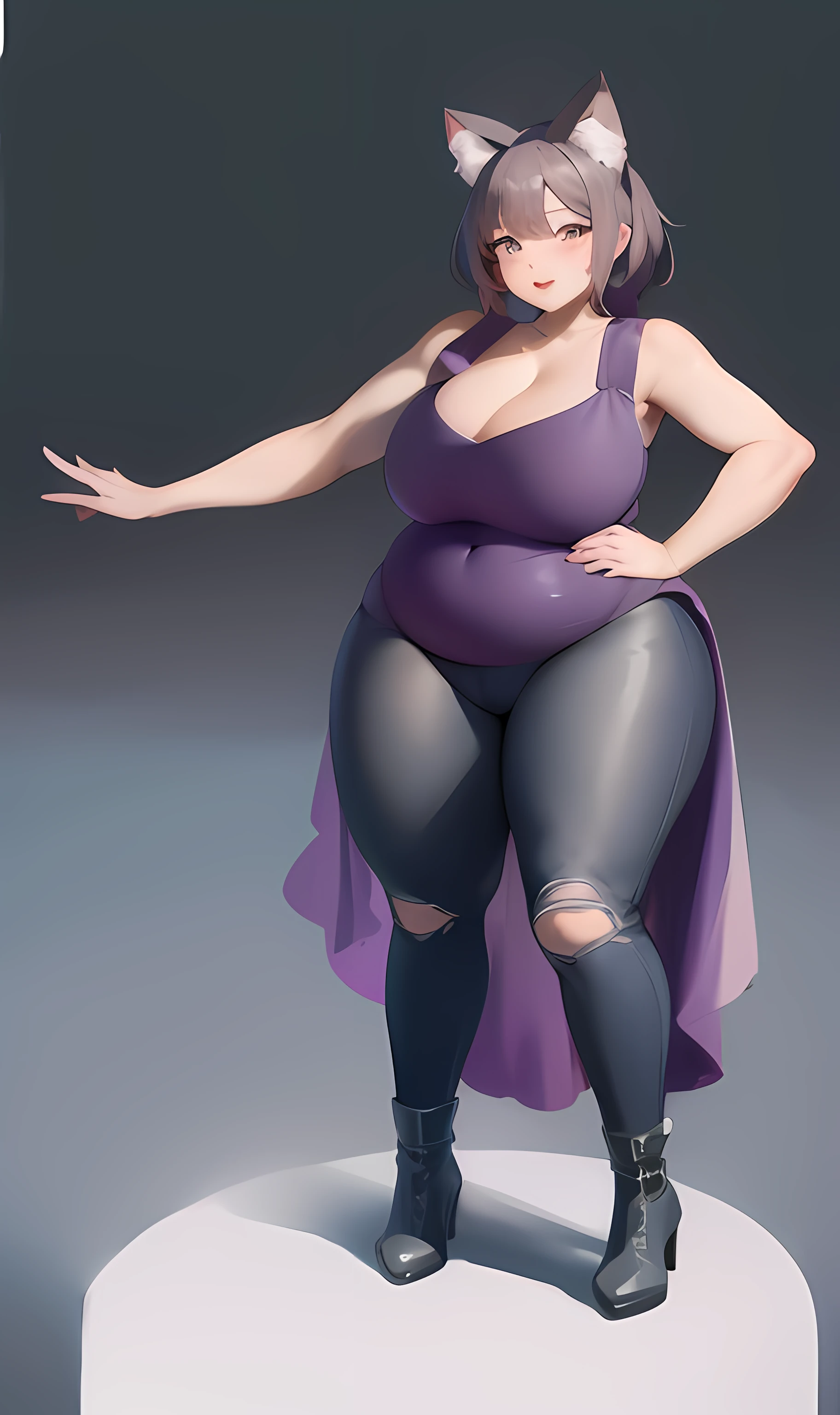 anime character of a woman in a purple dress and cat ears, full body portrait of a short!, thicc, fullbody portrait, full body character portrait, she has a jiggly fat round belly, full body render, full body illustration, single character full body, !!full body portrait!!, character full body portrait, commission for high res