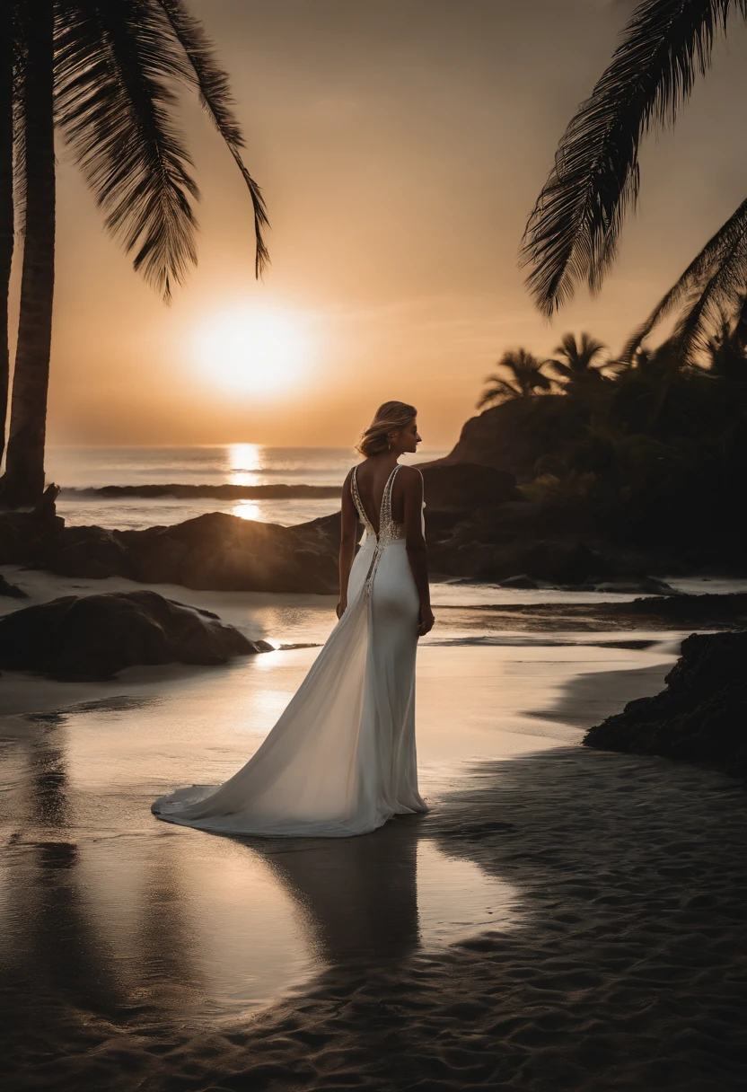 mujer mayor vestido blanco, reflejada frente un espejo en blanco y negro, muy retro, magia, paisaje tropical, playa, atardecer
