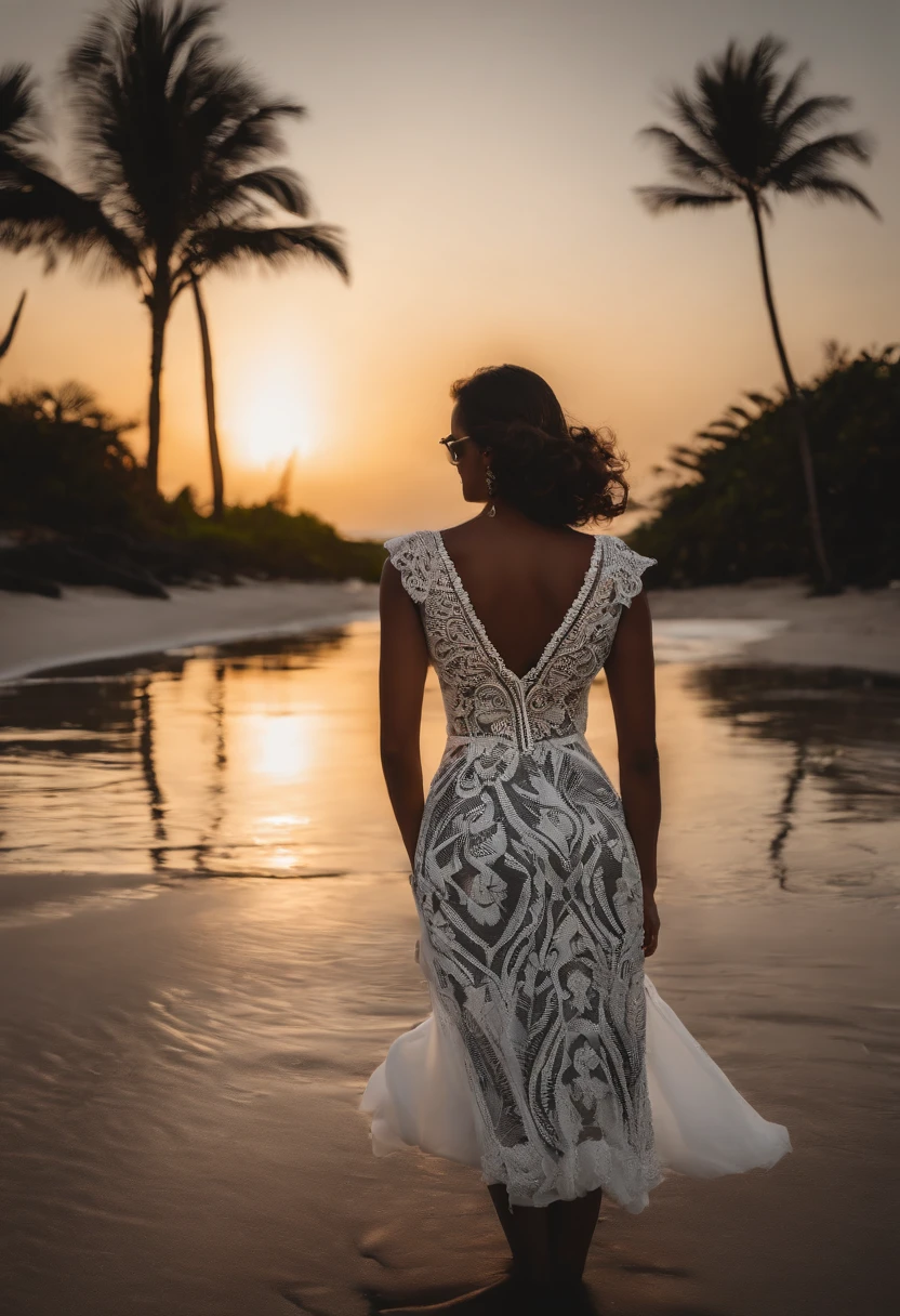 mujer mayor vestido blanco,  reflejada frente un espejo en blanco y negro, muy retro, magia, paisaje tropical, playa, atardecer