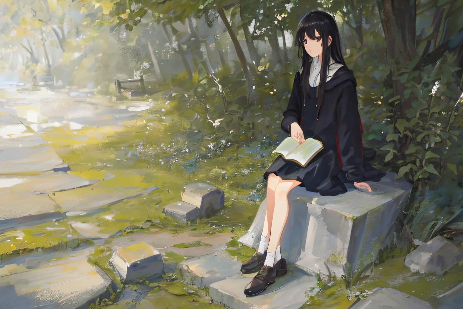 Masterpice, (beste-Qualit), ((Most detailed)), Depth of field, SFW, handsome girl, woods, The girl is not tall, black  hair, average hair length, sitting on a stone, reads a book