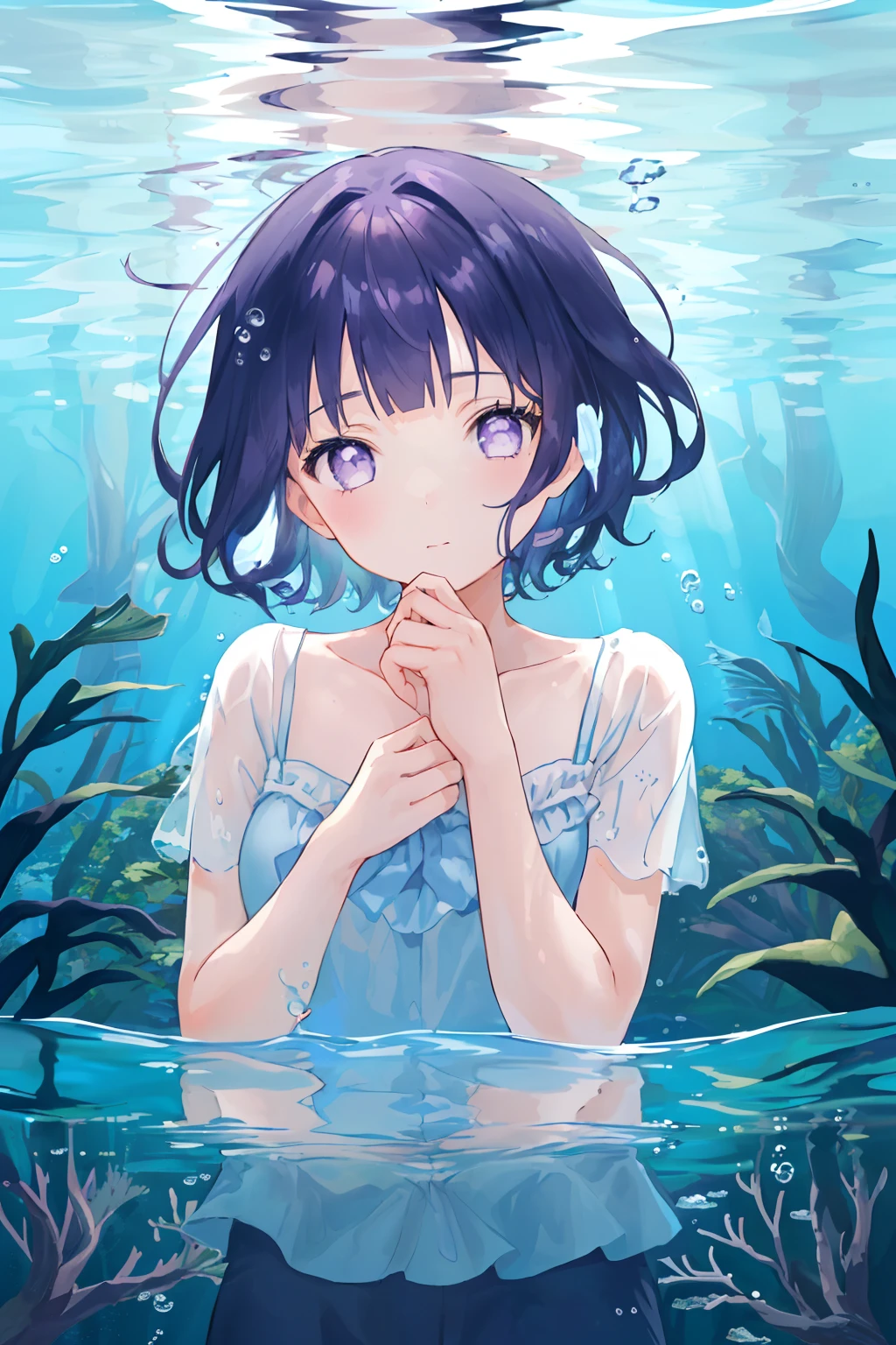 1girl, (sleepeace:0.9), head tilt, (underwater,underwater theme,underwater forest, reflection:1.2), upper_body, short_cut_hair,Blunt Bangs, purple eyes, dark blue hair