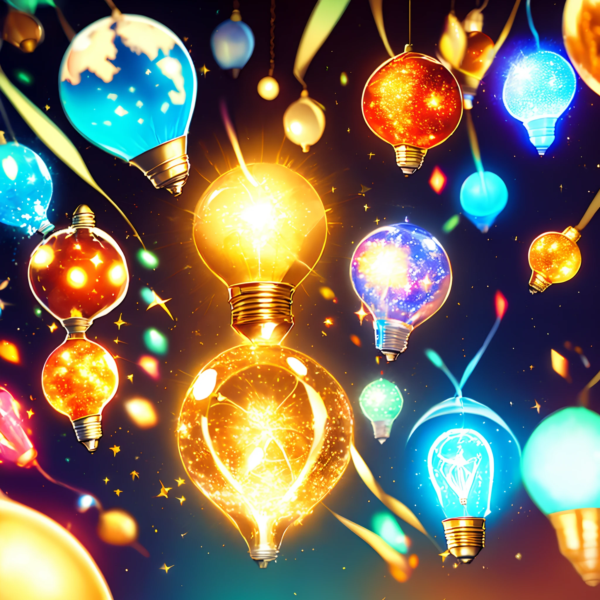 lightbulb, Explosion of dazzling light from a light bulb, Enlightenment, New ideas, vivd colour, an epic fantasy, Joy