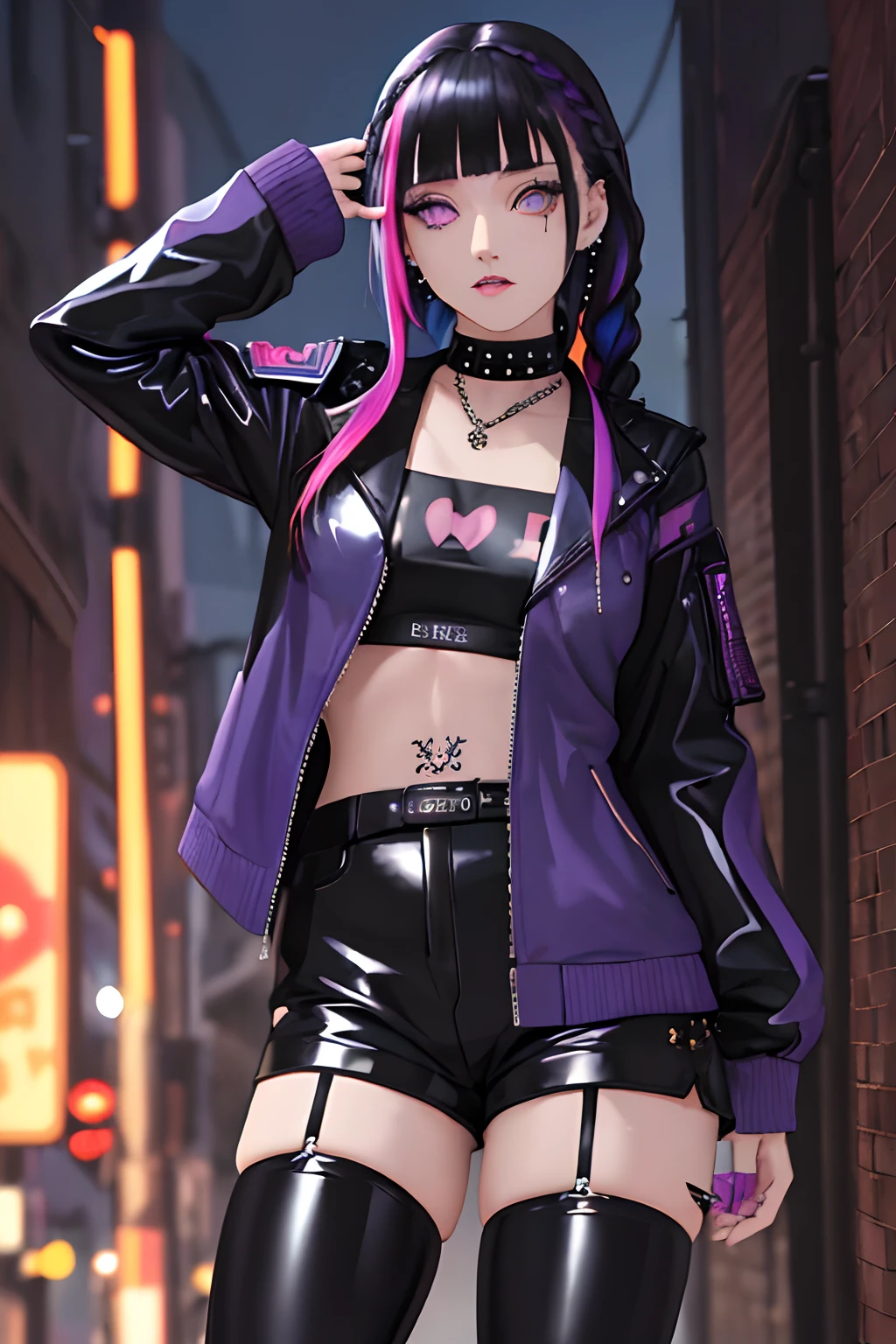 (best quality, masterpiece), 1girl, (piercing:1.3), thighhighs, latex shorts, tattoo, long hair, night, alley, jacket, braid, multicolored hair, looking at viewer, Blunt Bangs, purple eyes, dark blue hair,upper body