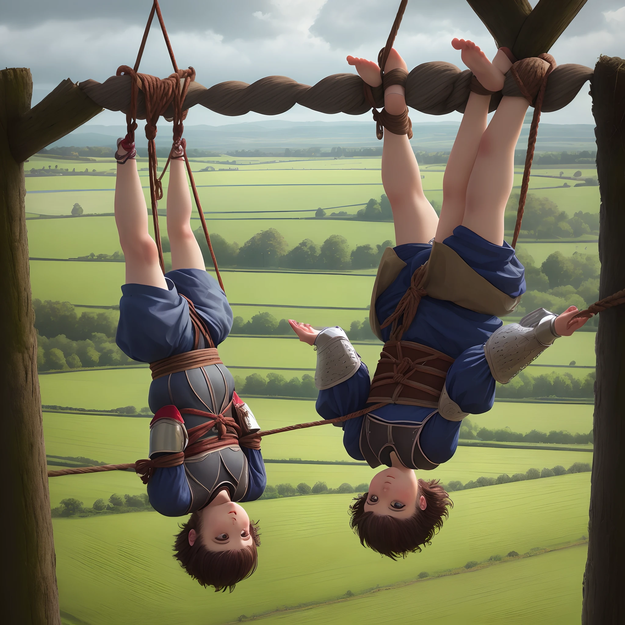 a girl with short cuts, knights of medieval Europe, surrounded by fields, high quality, top quality, tied to both feet by ropes and hung upside down from long wooden posts