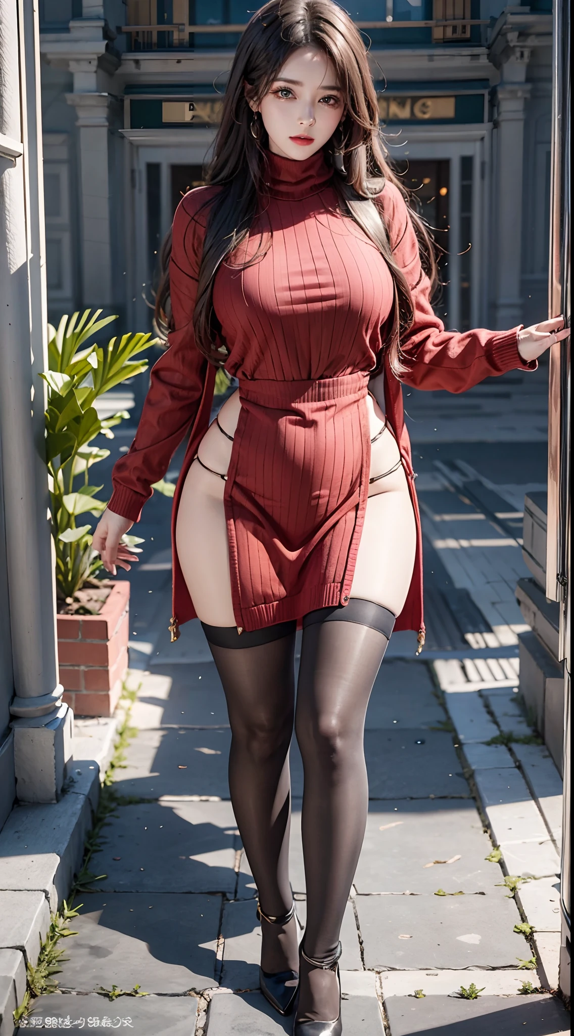 photorealistic, masterpiece, photorealistic, high resolution, soft light, hips up, sweater dress, black pantyhose