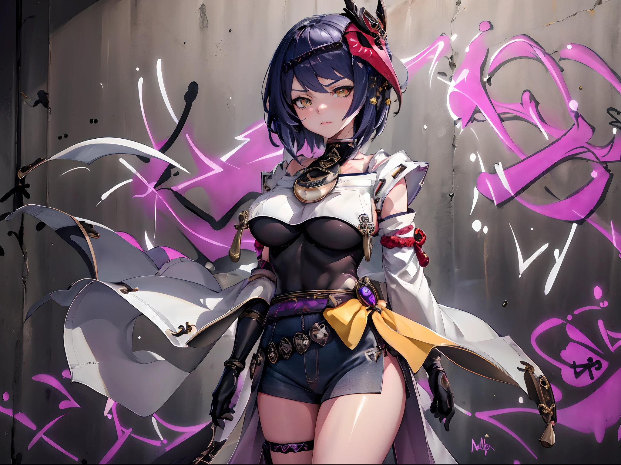 Kujou Sara Genshin Effect, masterpiece, bestquality, 1girls, oversized breasts, bara, dress shirt, Long Jeans, choker, (Graffiti:1.5), Splash with purple lightning pattern., arm behind back, against wall, View viewers from the front., Thigh strap, Head tilt, bored, water eyes,