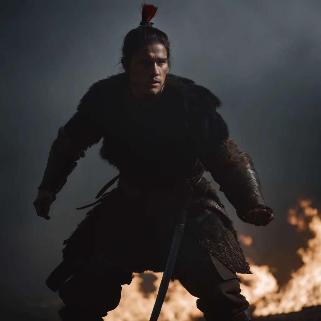an image of an warrior, conquered his mind, silhoutte, war scene, dark and gloomy, profile picture