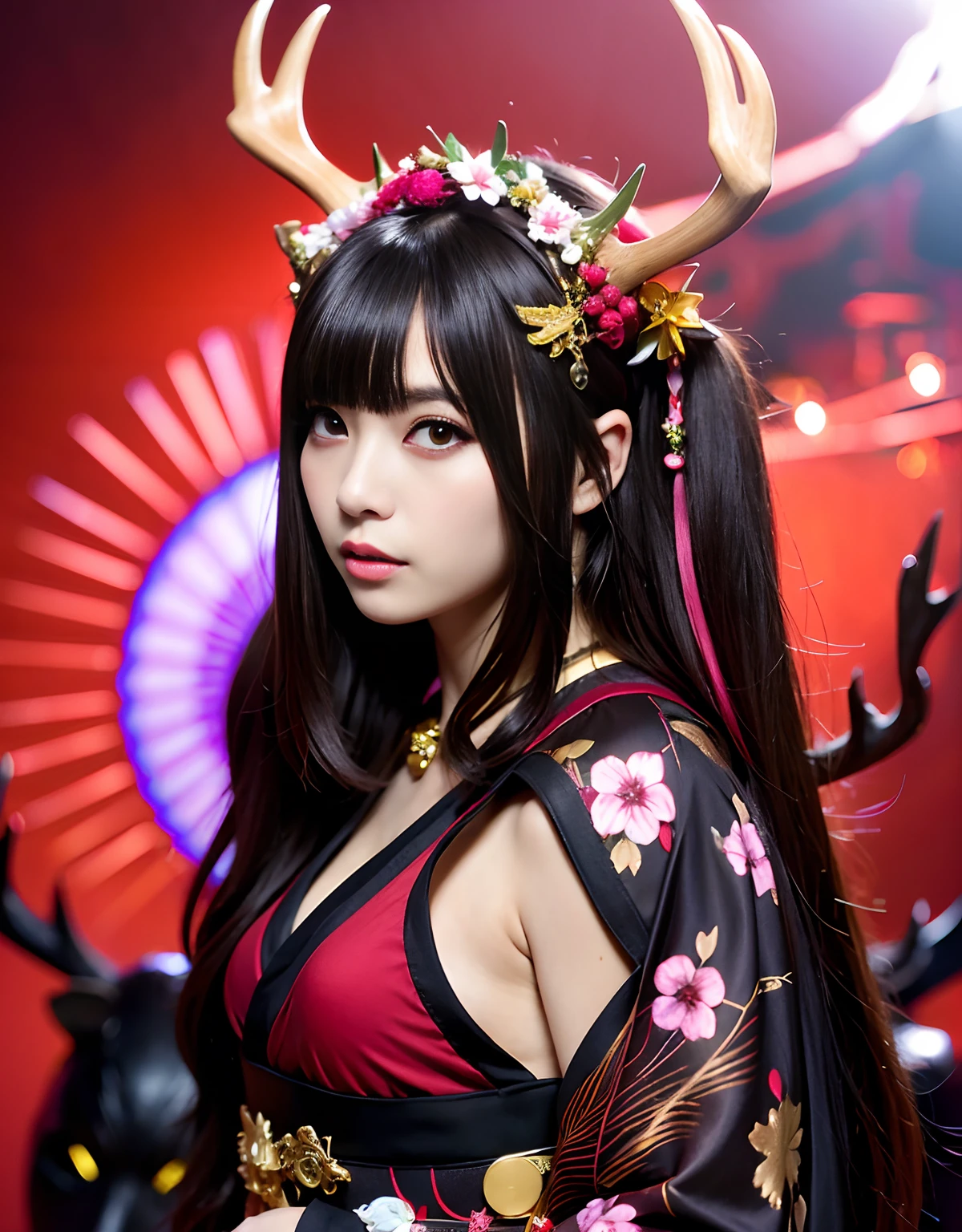 ((World of Darkness)),Professional , masterpiece、top-quality、photos realistic , depth of fields 、(Maiko's hairstyle)、(Maple background in full bloom),(Ultimate Beauty)、Red-haired、(Fight ninjas)、(Kimono with beautiful pattern)、(Night background)、((a dark night)),(Wear a beautiful kimono),(Wear a beautiful kimono with colorful floral patterns)、Jewel Gold Weapon、Particles of light),(Castle background)、Gorgeous gold weapons ,(( Gorgeous weapon Dragon Sword)) , (a dark night),,(maikurobikini) 、((Black Haired Beautiful Girl))、(Castle background)、(demonic wings)、((Gangle's forest background))、Beautiful Caucasian beauty、1a person、dynamic ungle,(((Two deer antlers on the head)))、Smaller head、Idle Smile、Thin and beautiful female hands、Mystical expression、Light Effects、intense fighting、Wind-effect、magic circles、With the legendary magic wand、Dragon's tail、Anatomically correct body、