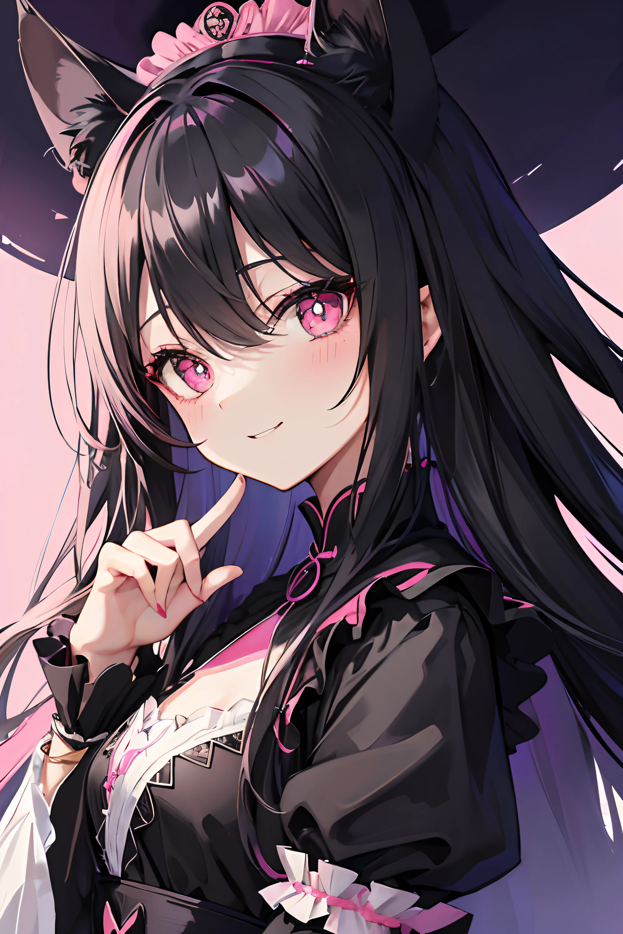Black color hair,Pink pupils,Shawl hair,Hair and waist length,Black-pink ta,(((无袖))),Pure black cat ears,Pure black ears,Toothy smile,pink back ground,small black cat,Focus on the face,detail in face