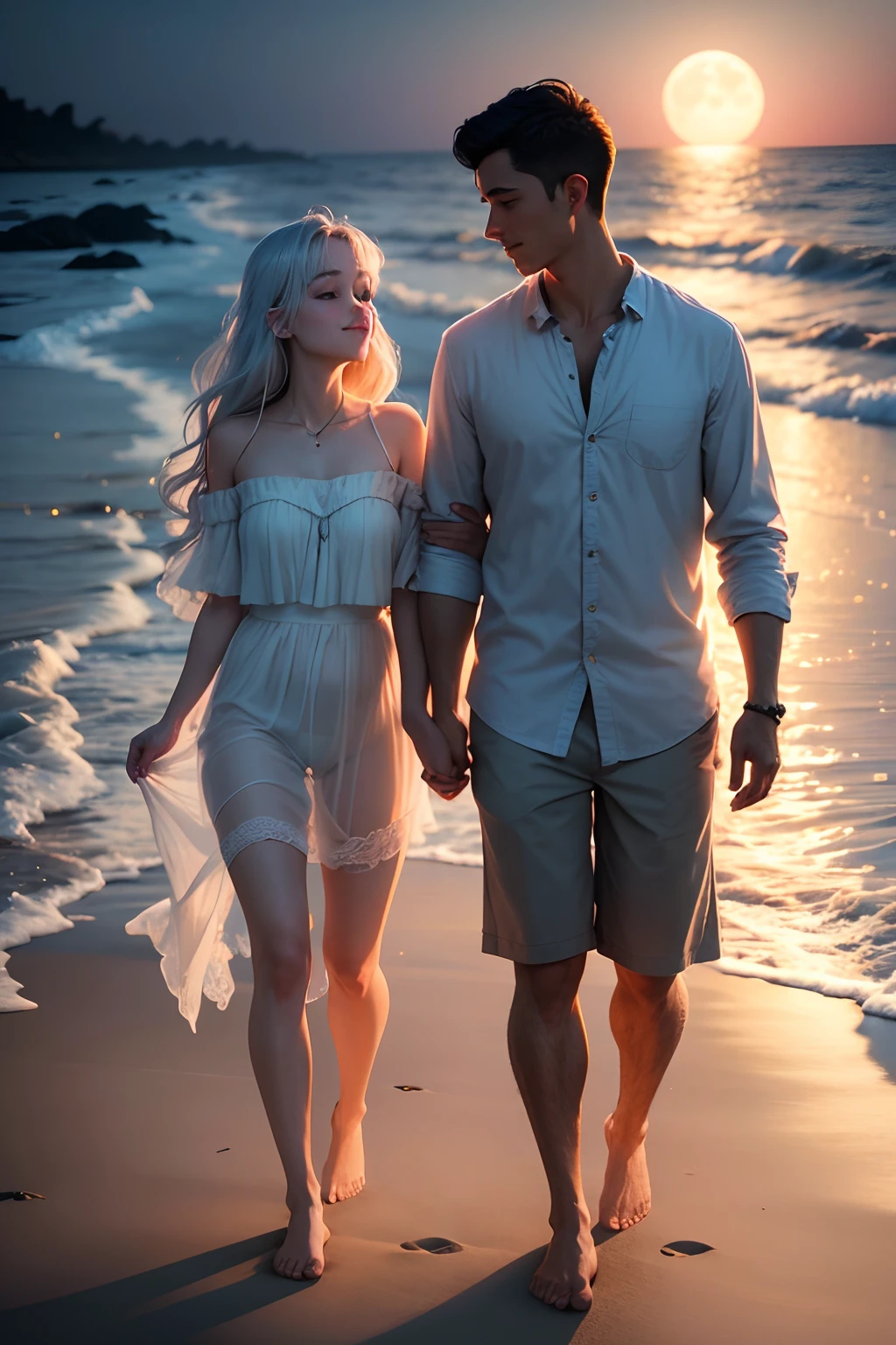 /imagine prompt: A romantic moonlit beach scene with a couple walking hand in hand along the shoreline, gentle waves lapping at their feet, a full moon casting a silvery glow, creating a serene and intimate atmosphere, Photography, DSLR with a 50mm lens, --ar 16:9 --v 5