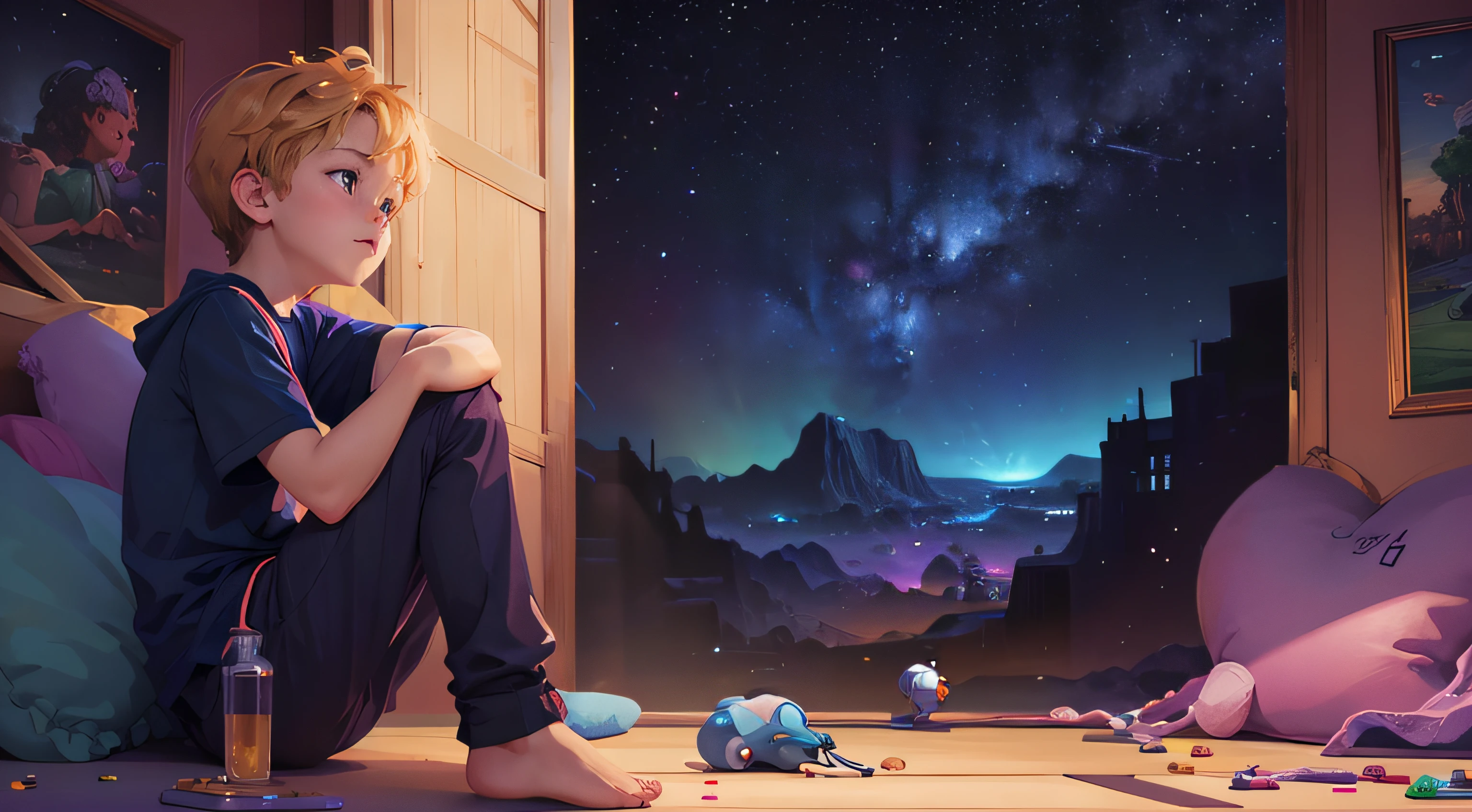 a boy, Lucas thinking about life (Masterpiece: 1.2, HDR, 8k resolution, billions of pixels), vector art by Kurzgesagt (four artists), sharp focus,