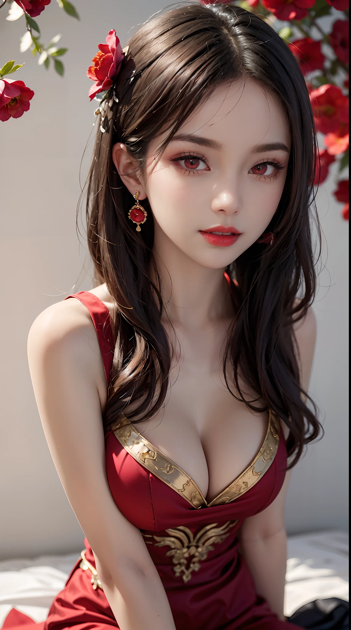 "1 beautiful girl in traditional costume, wearing a traditional Chinese ao dai in luminous red, Ao dai with red as the main color, black chest border and gold border, long hair and white bangs, hair jewelry most detailed and beautiful, Super cute little face, Extremely pretty face, sparse eyebrows, most flawless beautiful face, ((black pupil:0.8)), very beautiful eyes, ((eyes red:1.4)), beautiful and detailed eyelashes and very magical makeup, high nose, earrings, thin lips, red lips, no smiling, beautiful lips, rosy face, clean face, flawless beautiful face , smooth white skin, (big breasts: 0.9)), Blums breasts, ((big and super round breasts): 0.9)), ((super tight breasts: 1.2)), ((breast augmentation: 0.8)), beautiful breasts, sitting on the floor, Sitting with legs wide open, thighs wide and not shy, hands behind back, chest forward, leaning back slightly, beautiful girl's upper body, 8k photo, super high quality, hyper realistic, 10x super pixels, photo realistic, bright studio, bright edges, two-tone light color, (high detail) skin: 1.2), 8k ultra, soft light, high quality , volumetric lighting, realistic, Photos, high resolution, light, best photo, 4k, 8k quality, blur effect, Smooth and sharp, 10x pixels, aurora, lightning, super graphics , most realistic graphics,(Red flower background: 1.7), alone, solo, portrait 9:16, Extremely sharp, surreal image."