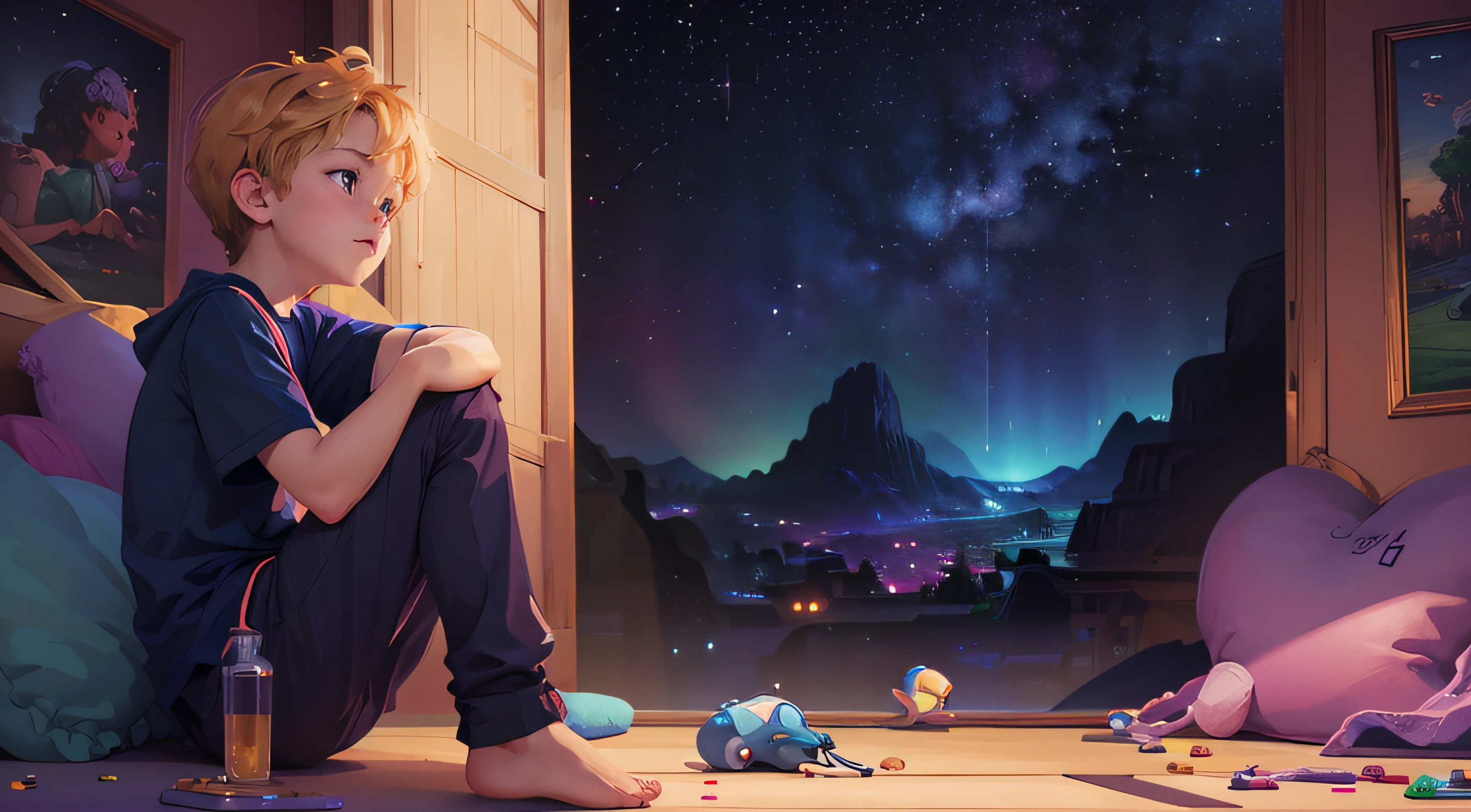 a boy, Lucas thinking about life (Masterpiece: 1.2, HDR, 8k resolution, billions of pixels), vector art by Kurzgesagt (four artists), sharp focus,