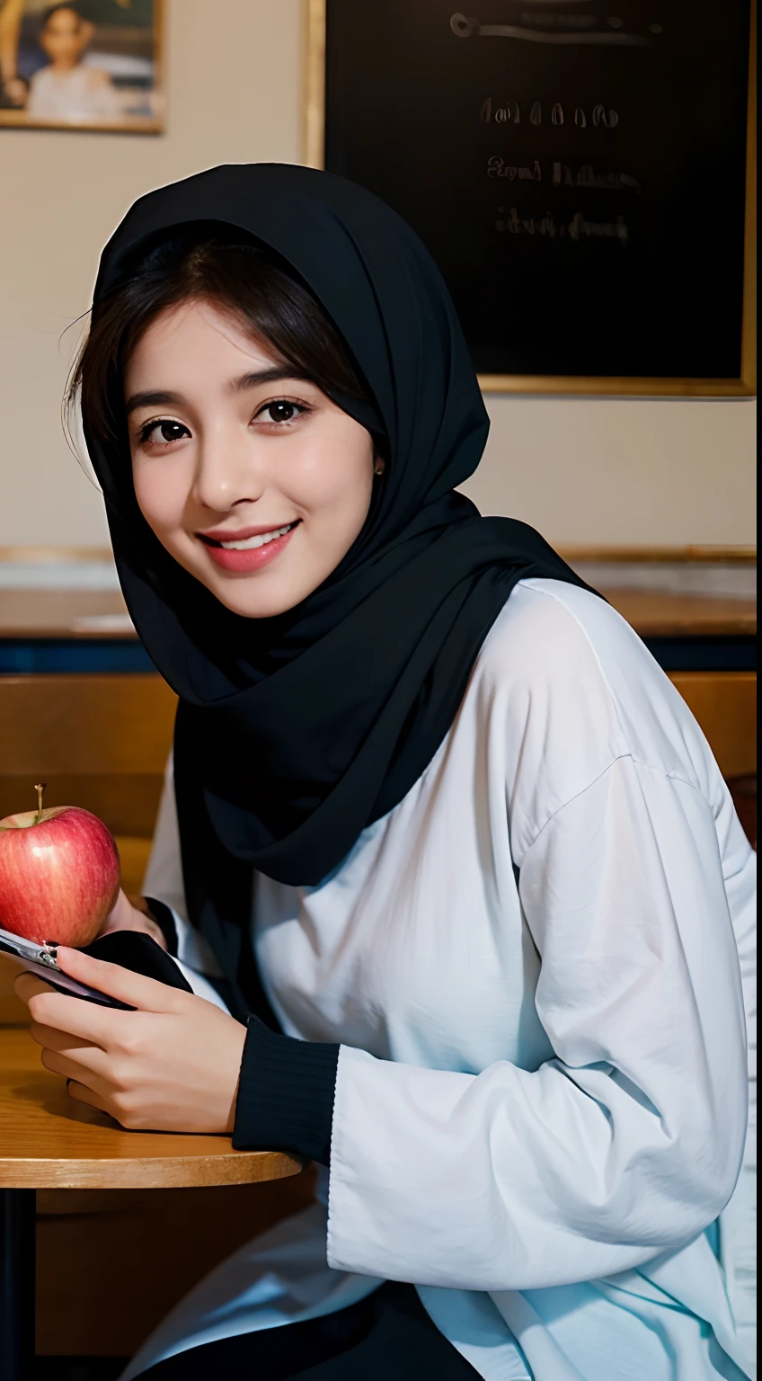 there is a woman sitting at a table with a cell phone, student, ismail, with apple, old picture, faridah malik, potrait, with a beautifull smile, inspired by Naza, comming, protrait, hijab, hannah yata, photo of the girl, inspired by Fathi Hassan, handsome girl