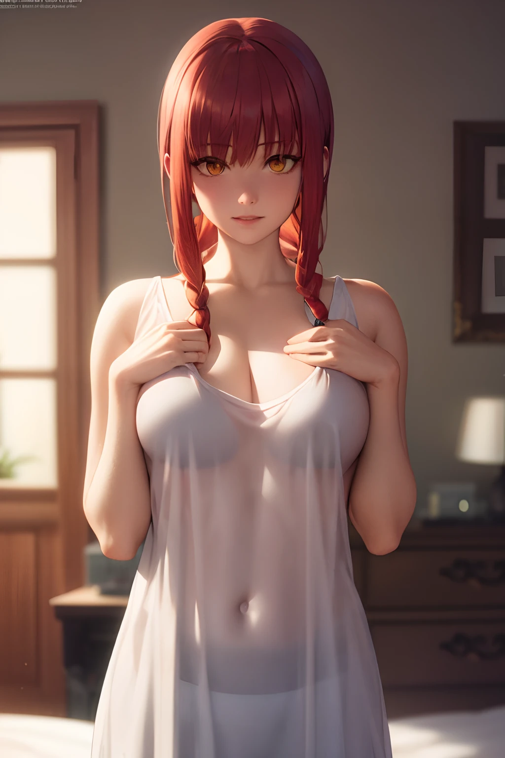 Masterpiece, Ultra-realistic 8k CG, Perfect Artwork, (Rich: 1.4), Cinematic Light, ((Masterpiece, Best Quality)), Girl, Athletic, Muscular, Slender, Glossy Skin, (Fair Skin, Fair Woman), Big, (One Breast: 1.2), (Clothes Pulling), (Chest Shift: 1.2), Nightgown, (See-Through Silhouette: 1.2), Delicate Pattern, Fine Details, bedroom, blurred background, red hair, long braided hair, golden eyes,makima,chainsaw Man