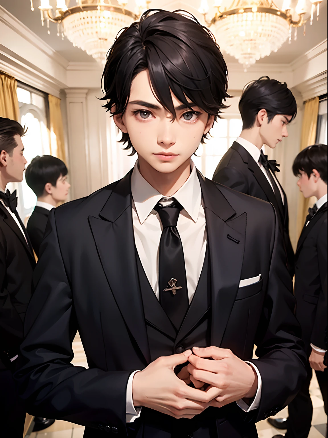 1boy,11 only、(Man's :2),(bobhair:1.5)、A dark-haired、Bright tuxedo、Bright tie、Inside a luxurious Western-style building、Luxurious chandeliers、beautiful lighting、hightquality、masutepiece,8K,hight resolution、