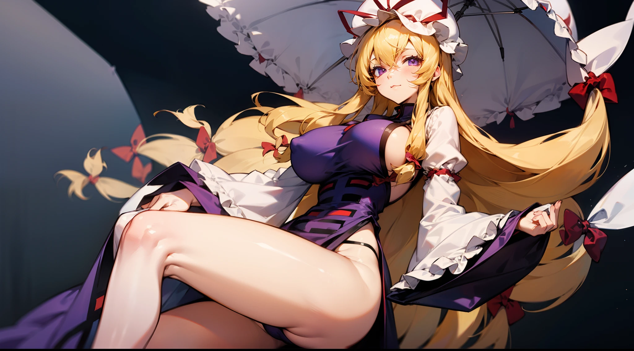 Yukari Yakumo,purple eyes, blonde hair,thick, big tits,