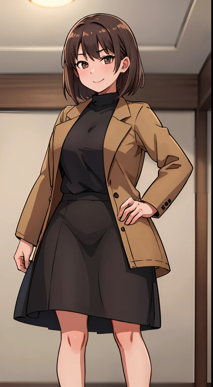 hiquality, tmasterpiece (One adult girl) Tall stature. big body. short brown hair. smile on face. brown eye. The clothes: brown jacket over black sweater. blackskirt. bare feet. In the background of the room