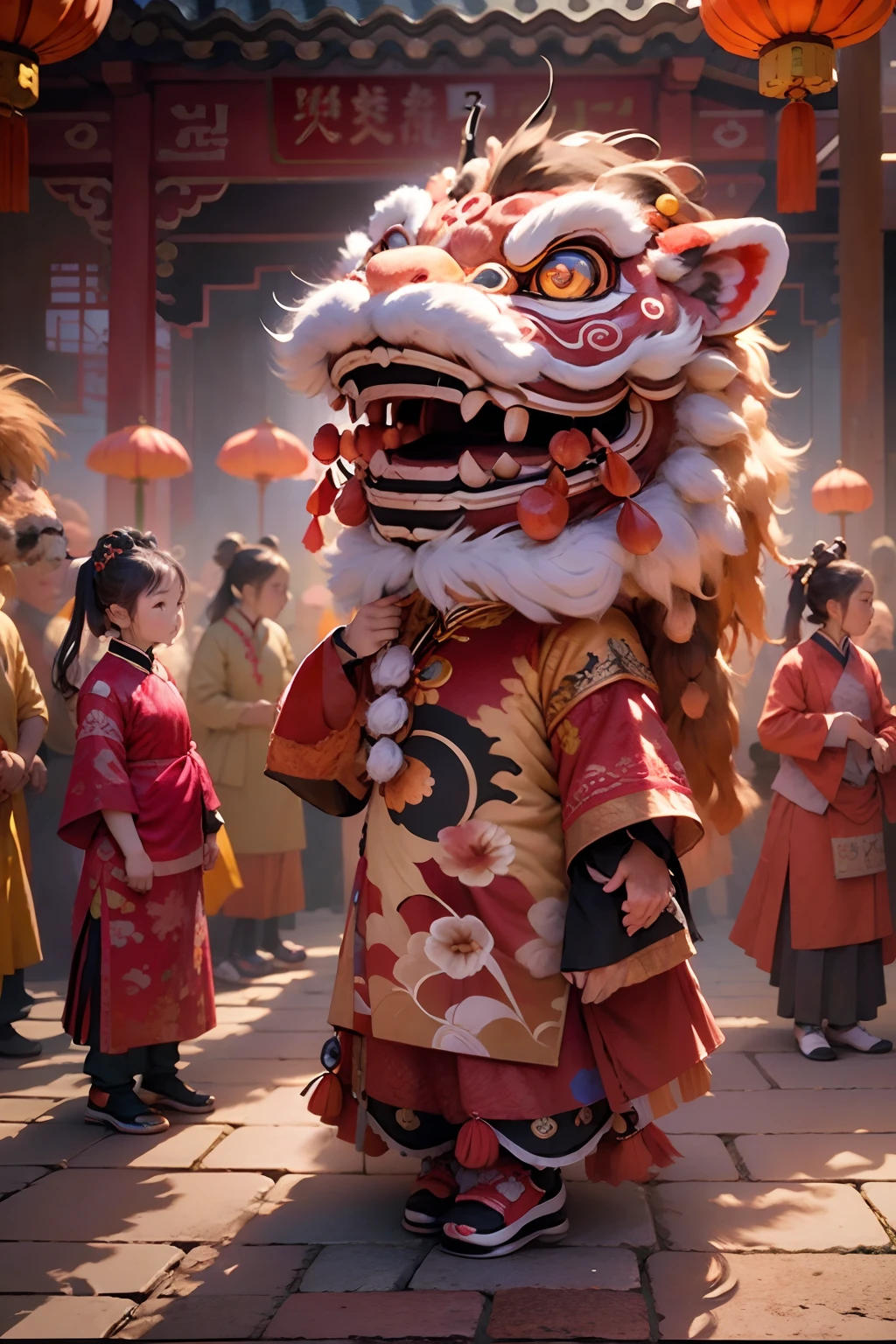 China-style,Lion dance girl,highly detailed surreal vfx,Smudge,Faraway view,super-fine,ultra - detailed,high qulity,8K ,oc rendered,dynamic viewing angle