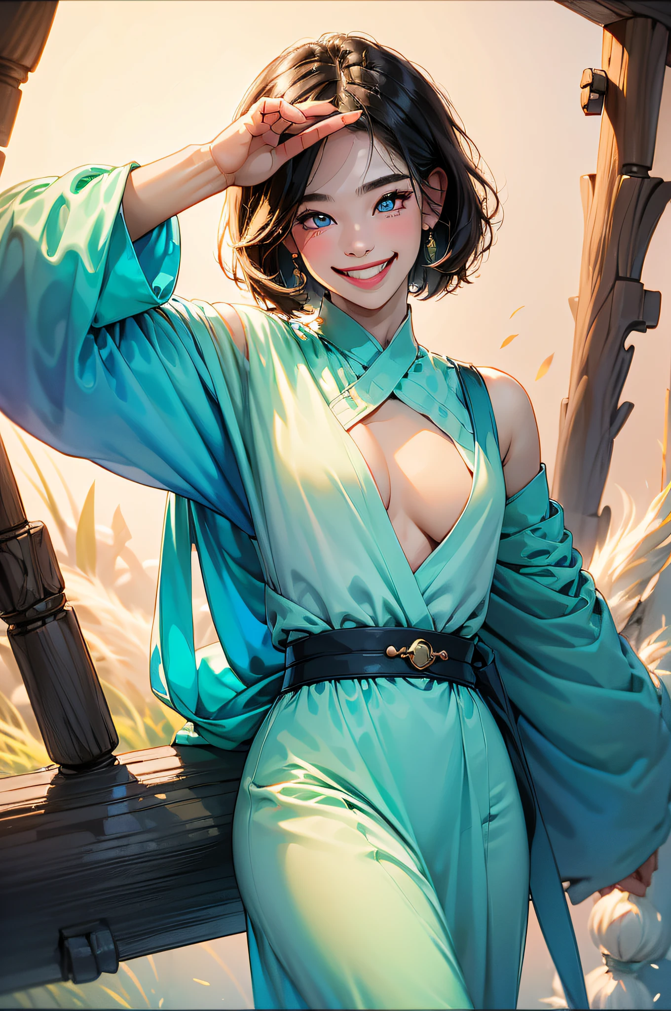 (in 8K、top-quality、masterpiece:1.2)、1人の女性、(Smiling smile:1.1)、beautidful eyes、Valley、The upper part of the body、shorth hair、Like a boy、bob cuts、Colossal tits、White View、