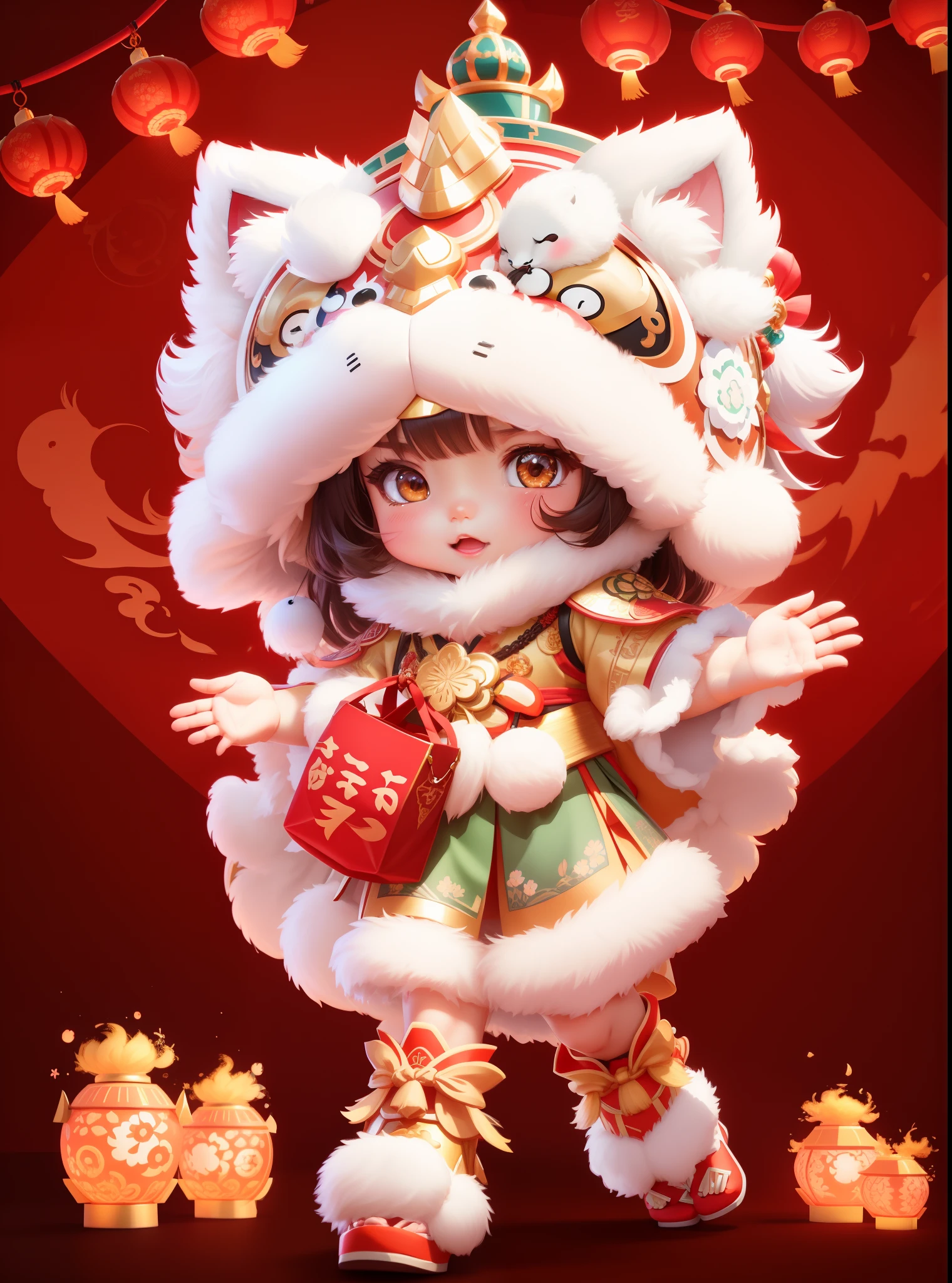a 3D render。Alphard image of a in a lion's head costume,Cute litorable expression。 Open your hands,Sugar gourd in hand,There are cannon bamboos on the ground,Hanging lanterns。lovely digital painting, Cute detailed digital art, Rossdraws digital painting, trending on cgstation, inspired by Park Hua, adorable digital art, Guviz-style artwork, Onmyoji detailed art, drak, inspired by Wu Bin, rossdraws cartoon vibrant