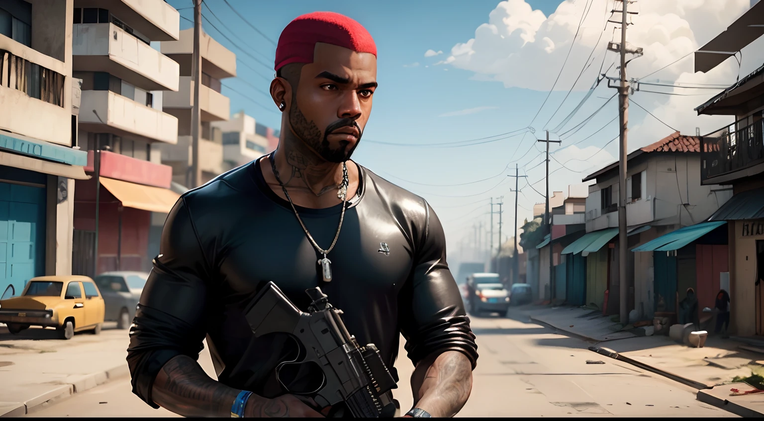 A lonely man ,tatooado,de fundo uma favela estilo Brasil, Como o protagonista de GTA 5, GTA V Estilo, corte de cabelo red,cabelo red,Kanye West em GTA v, Estilo GTA5, empunhando fuzil de assalto,rifle in hand ,fuzil AK-47 ,gta 5 tom de pele negro