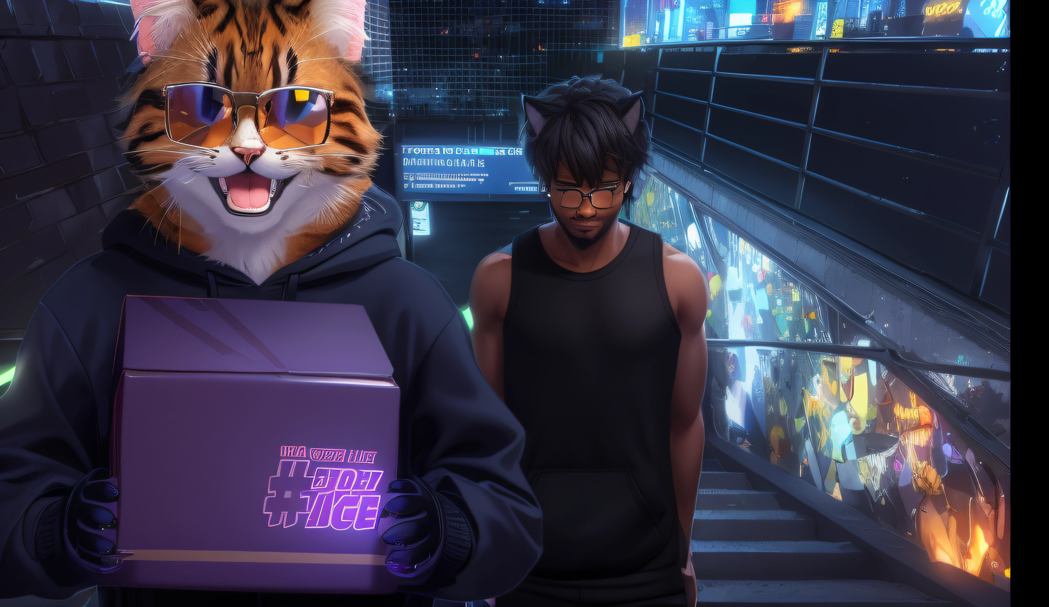 There is a cat wearing a hoodie and holding a delivery box from the company #PRODYAGE, package cover, !face, smiling, 4k hd, with accurate face, you are the man, Garfield Cat Face, Friendly face at the top from the stairs at the entrance to the metro station and next to him climbing the stairs a man with a cat's face, black skin, a tank top. super detailed, 8k, cyber punk environment, atmospheric,