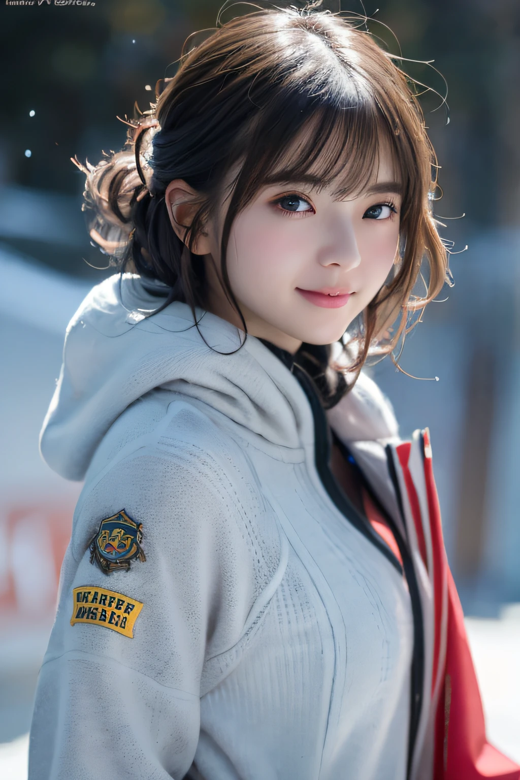 Random Pose, mix4, (8K, RAW photo, best quality, masterpiece: 1.45), (realistic, photorealistic: 1.37), one girl, cute, ski slope, snow cover, professional lighting, photon mapping, radiosity, physically based rendering, gradient black hair, gray hair, short curly, handsome, girl, full body, ski wear, quality photos, high resolution, 1080p, (Clear Face), (Detailed Face Description), (Detailed Hand Description), (Masterpiece), (Exquisite CG), Extreme Light and Shadow, Tousled Hair, Masterpiece, Rich Details, (Fine Facial Features), (Best Quality Photos), (Masterpiece), (Fine Eyes), Look In Front of You, Fine Clavicle, ((Medium)),Big Smile