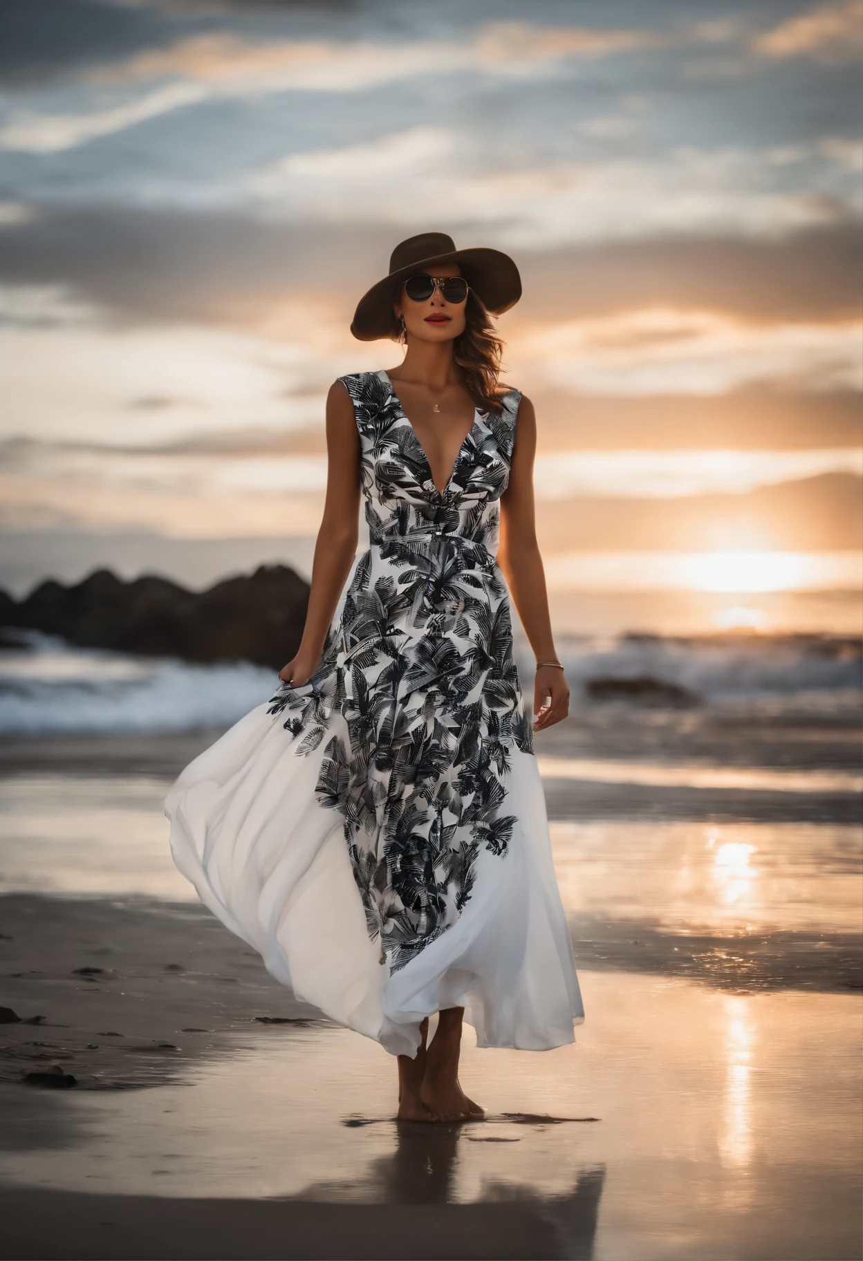 mujer mayor vestido blanco, reflejada frente un espejo en blanco y negro, muy retro, magia, paisaje tropical, playa, atardecer