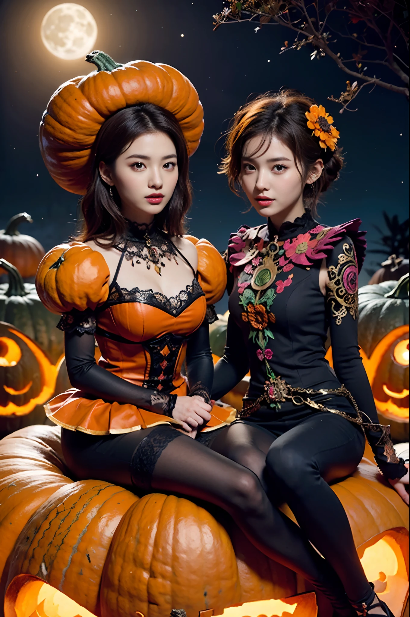 bust shot,detailed face:1.4,a couple of lesbians sitting together on (giant pumpkin:1.4),fantastical world,fantasy,leering:1.3,(alebrijes art style), elegant pose,xxmix girl women,moonlight,(ulzzang-6500-v1.3,pureeroface_v1,octane render)