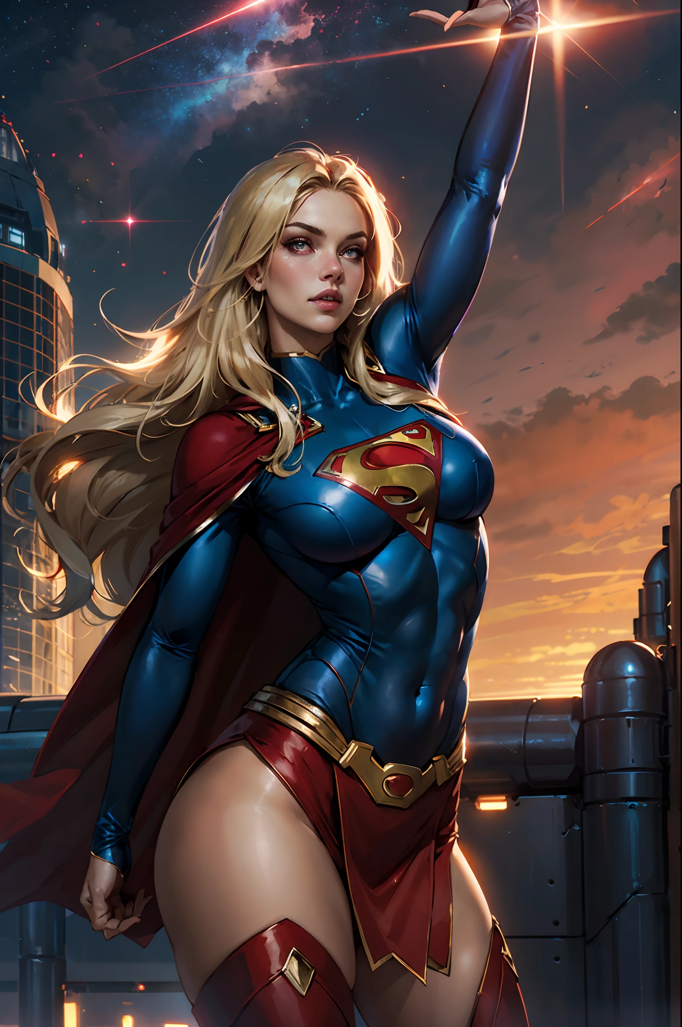 nijistyle, Cowboy shot of beautiful woman in Superman costume, Long Blonde Hair, Heroic, Glowing red eyes, laser eyes, Cape, Particle, nigh sky, stele,  skyporn, Red skirt, Red boots, Sexy Pose, large udder, Stretch one hand above your head, Taking to the skies,