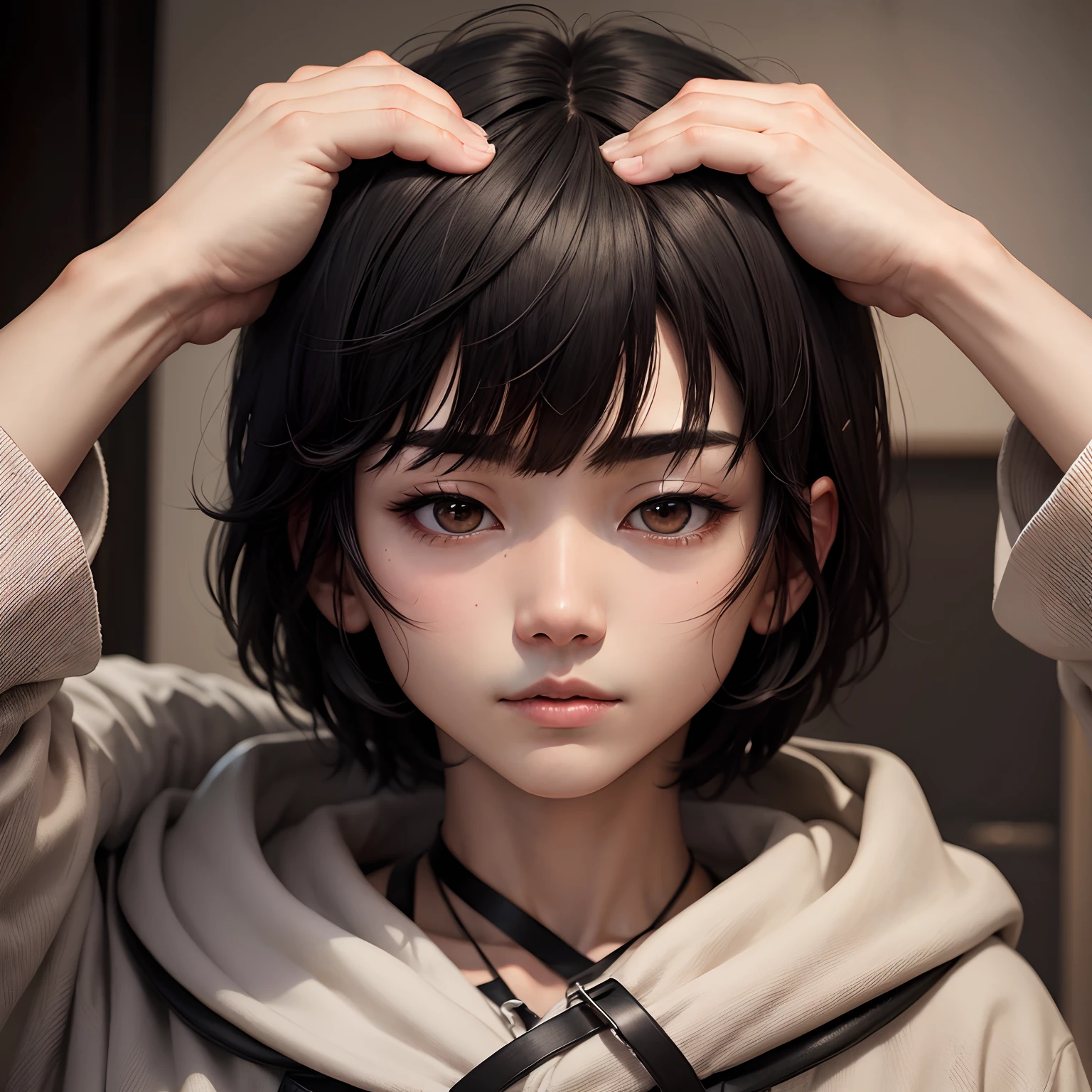 1 male、A dark-haired、Black eyes、Depression、Blunt bangs