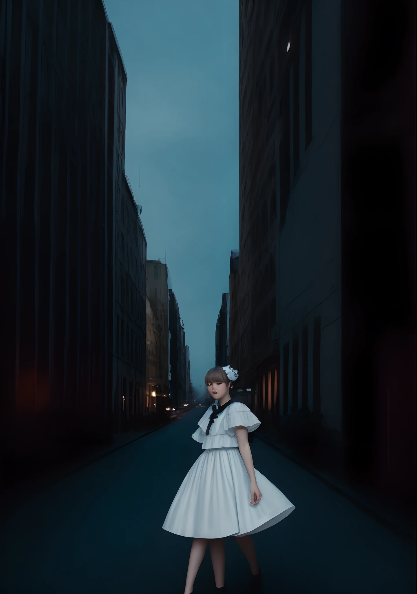 White color hair，Double ponytail curls，blue color eyes，White Lolita，Beth，A bustling city street，tarot cards