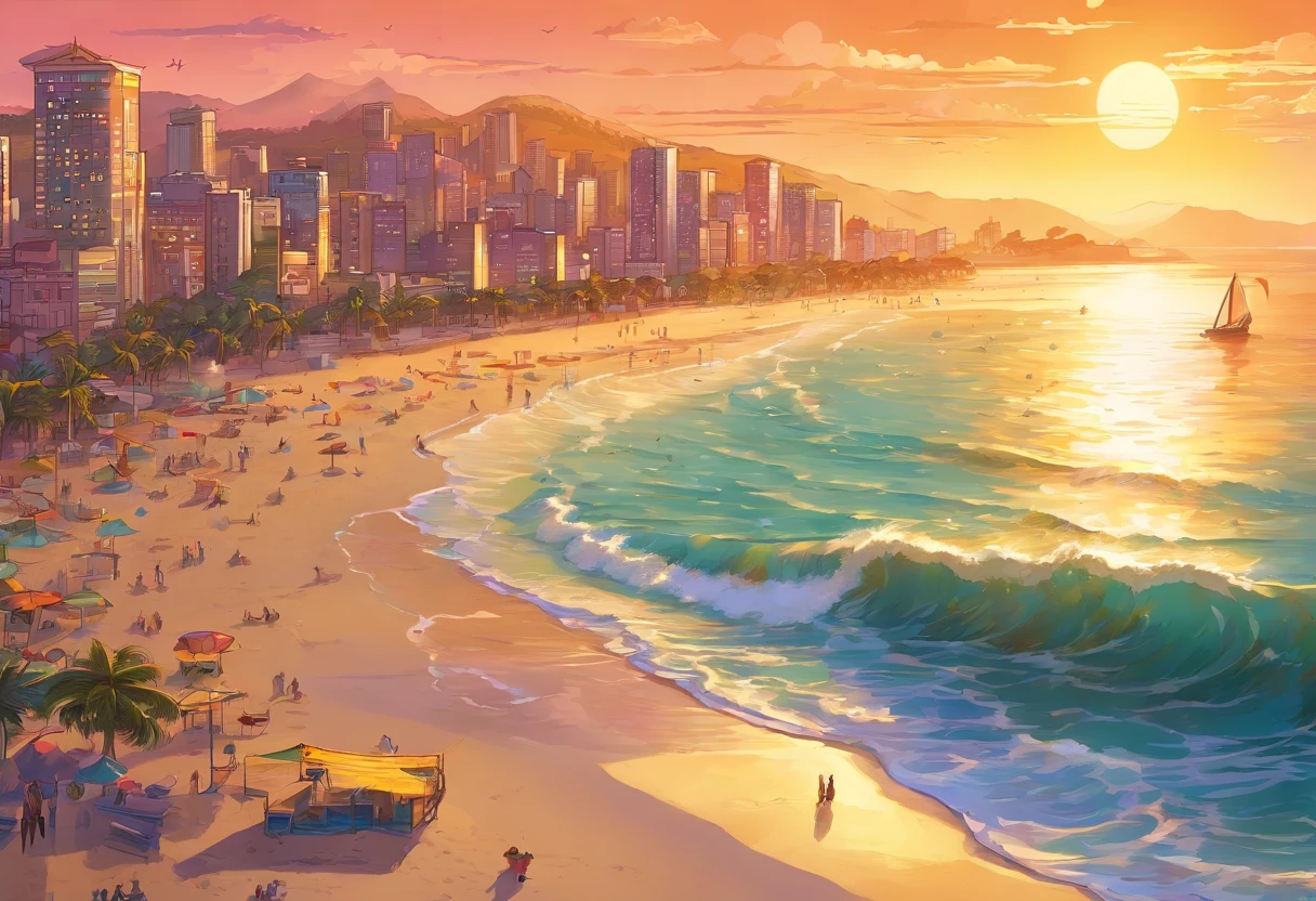 hdr,hyper HD,Studio lighting,Ultra-fine tones,foco nítido,Physically-based rendering,Extreme detail description,professional,Vivid colors,Bokeh) Halle Quinn sits on the sand of Copacabana Beach, Enjoy the sunset. 【Home screen】 Halle Quinn sits on the sand of Copacabana Beach 【material】 Ultra-fine tones 【Additional Detail】 The sand is warm and golden, Swallow Harley's feet. The waves gently caressed the shore, Create a calming sound. A vibrant beach towel is arranged next to the Harley, Sporty colorful patterns. Seagulls flew by, Occasionally go down to catch fish. The smell of salt water and sunscreen fills the air, Improve the beach experience. 【image quality】 (best qualityer,4K,8K,highr,Master parts:1.2), ultra - detailed, (Realistic,Fotorrealista,photo-realistic:1.37) 【Artistic style】 landscape 【shades】 The colors are bright and vivid, Reflects the vibrant atmosphere of the beach. The blue ocean stretches as far as the eye can see, A stark contrast to the golden sand. The sky is painted in shades of orange, Rosa, and purple, Indicates a stunning sunset. 【lamplight】 The warm sunlight cast a golden glow on Harley's face, Highlight its unique features. The light creates soft shadows on the sand, Add depth and dimension to your scene.