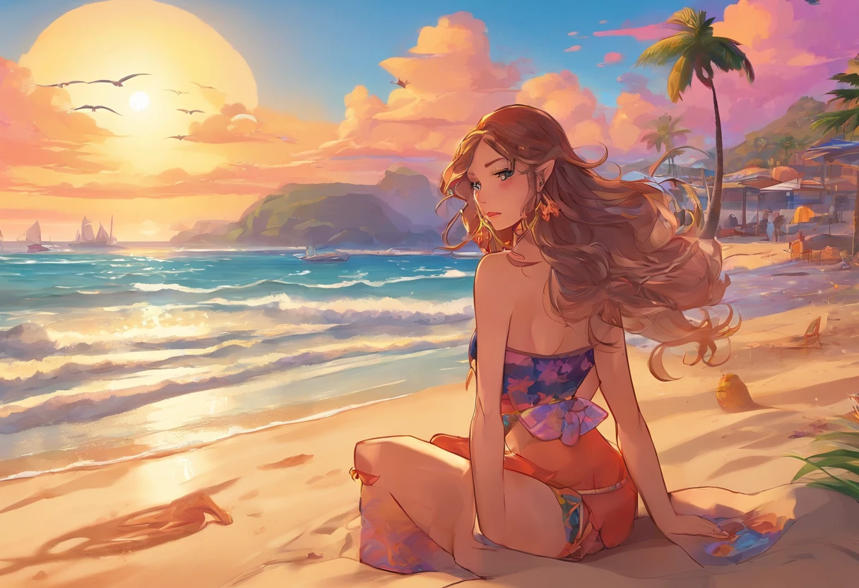 hdr,hyper HD,Studio lighting,Ultra-fine tones,foco nítido,Physically-based rendering,Extreme detail description,professional,Vivid colors,Bokeh) Halle Quinn sits on the sand of Copacabana Beach, Enjoy the sunset. 【Home screen】 Halle Quinn sits on the sand of Copacabana Beach 【material】 Ultra-fine tones 【Additional Detail】 The sand is warm and golden, Swallow Harley's feet. The waves gently caressed the shore, Create a calming sound. A vibrant beach towel is arranged next to the Harley, Sporty colorful patterns. Seagulls flew by, Occasionally go down to catch fish. The smell of salt water and sunscreen fills the air, Improve the beach experience. 【image quality】 (best qualityer,4K,8K,highr,Master parts:1.2), ultra - detailed, (Realistic,Fotorrealista,photo-realistic:1.37) 【Artistic style】 landscape 【shades】 The colors are bright and vivid, Reflects the vibrant atmosphere of the beach. The blue ocean stretches as far as the eye can see, A stark contrast to the golden sand. The sky is painted in shades of orange, Rosa, and purple, Indicates a stunning sunset. 【lamplight】 The warm sunlight cast a golden glow on Harley's face, Highlight its unique features. The light creates soft shadows on the sand, Add depth and dimension to your scene.