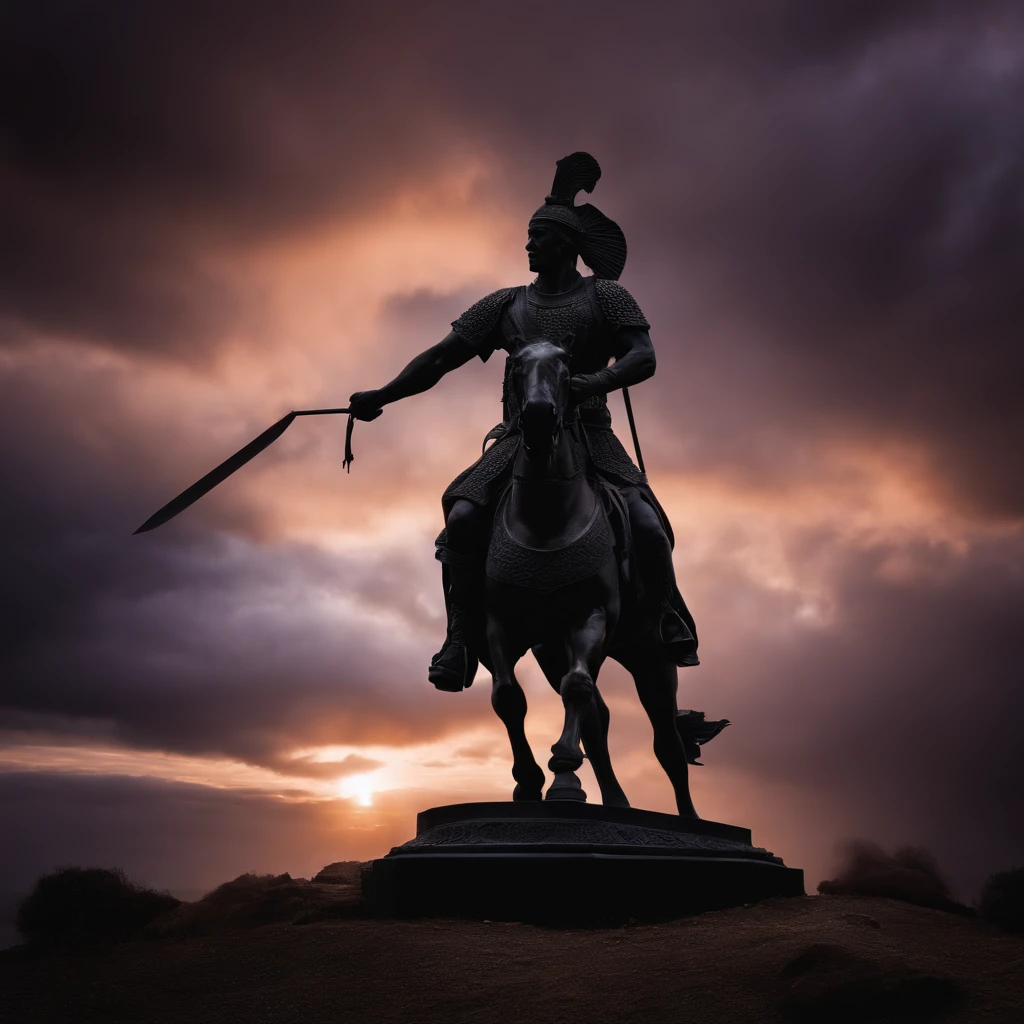 an statue of an warrior, conquered his mind, silhoutte, war scene, dark and gloomy